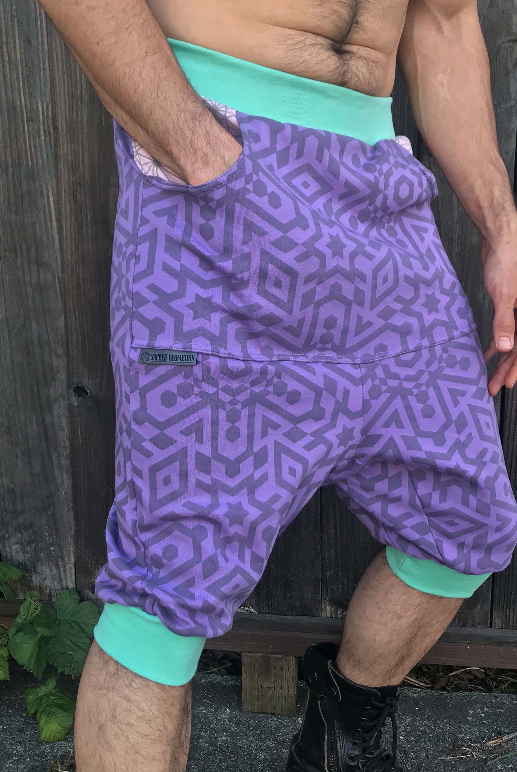 Unisex Drop Crotch Shorts with Geometric screen print design and organic cotton material