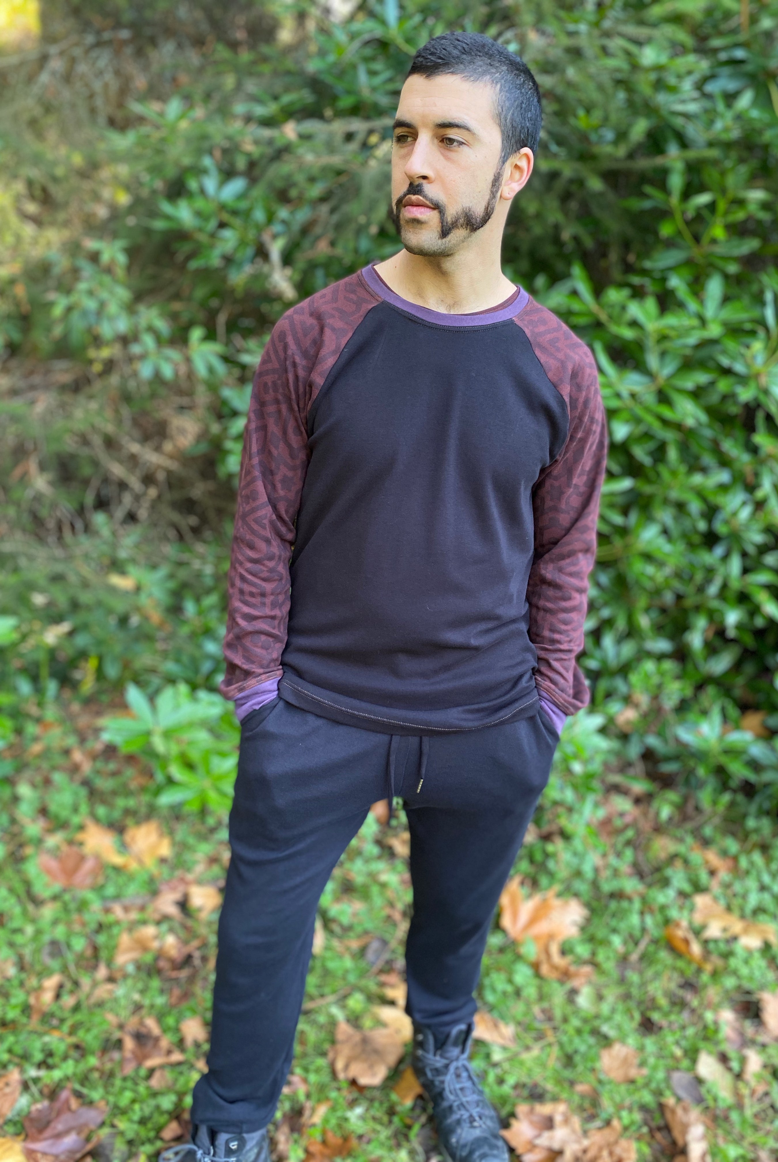 Mens Long sleeve shirt and joggers | Loungewear set with black organic cotton fabric and sacred geometry designs