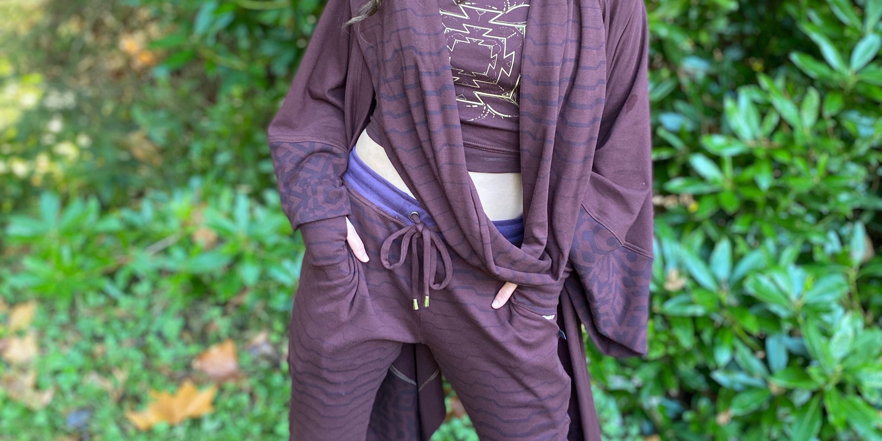 Complete Look organic cotton womens fashion with brown colored fabrics and sacred geometry designs
