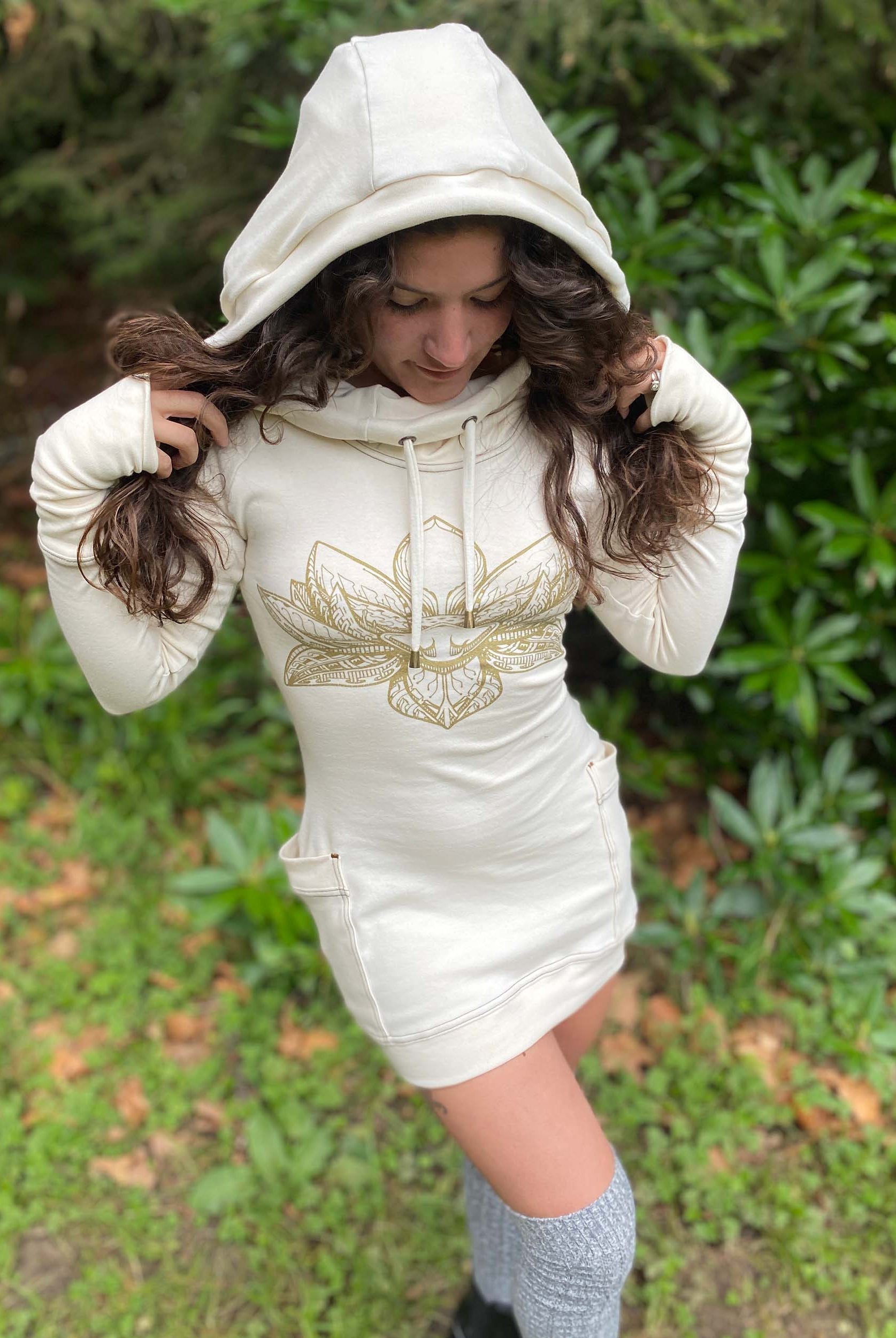 Hooded Dress with Thumbhole cuffs and pockets - Organic cotton fabric with gold Lotus and sacred geometry screen print