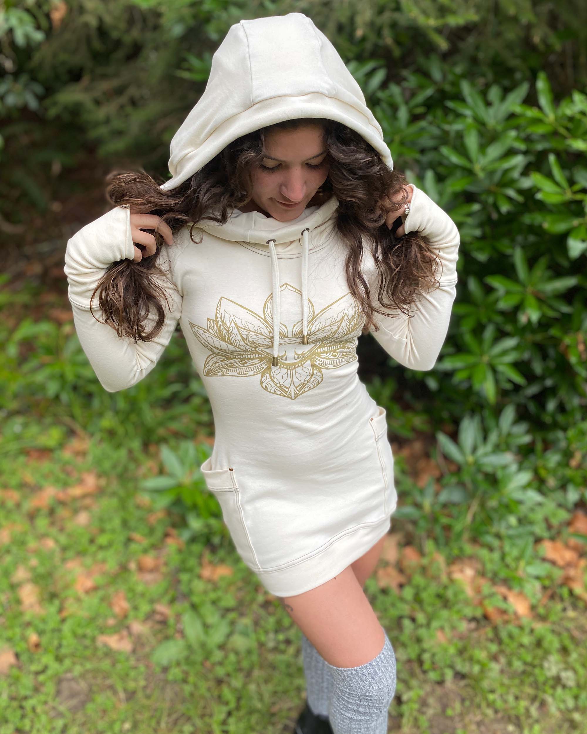 Hooded Dress with Thumbhole cuffs and pockets - Organic cotton fabric with gold Lotus and sacred geometry screen print