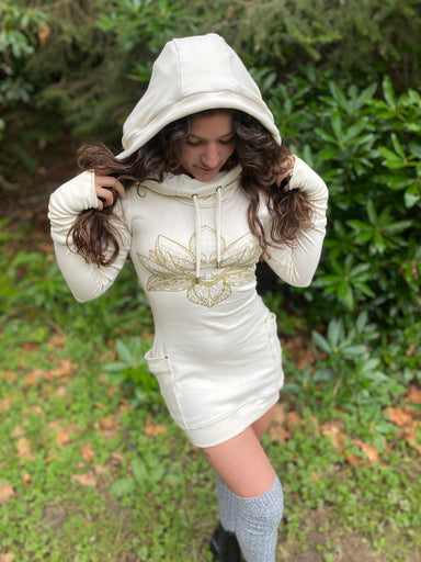Hooded Dress with Thumbhole cuffs and pockets - Organic cotton fabric with gold Lotus and sacred geometry screen print