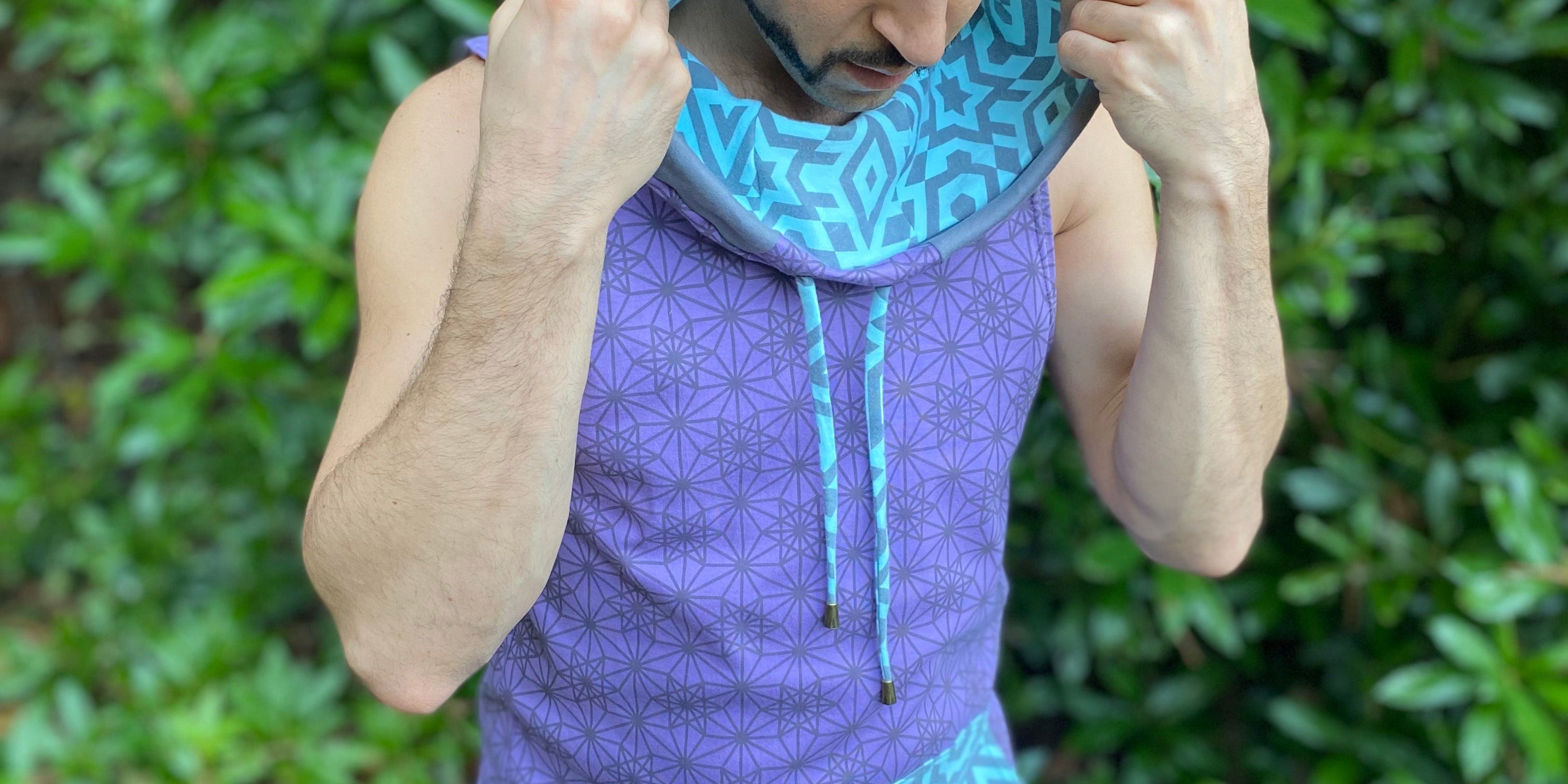Organic Cotton Mens Sleeveless Hoodie - Lavender and Mint color fabric with sacred geometry screen print
