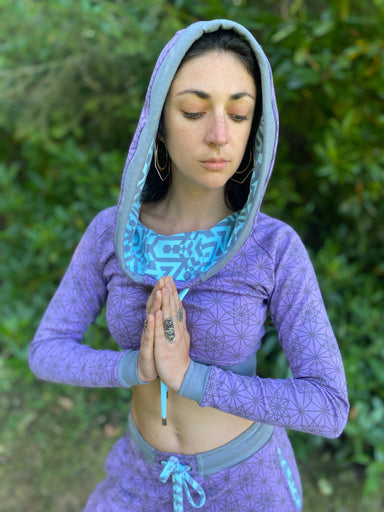 Organic Cotton Sacred Geometry Crop Hoodie with Lavender Color Fabric