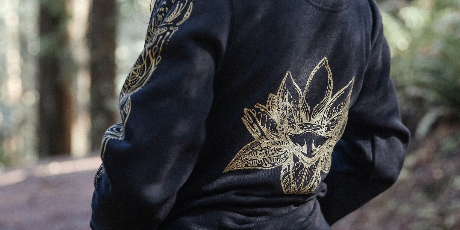 Women's Black Zip up Hoodie with Gold Lotus and Sacred Geometry screen print