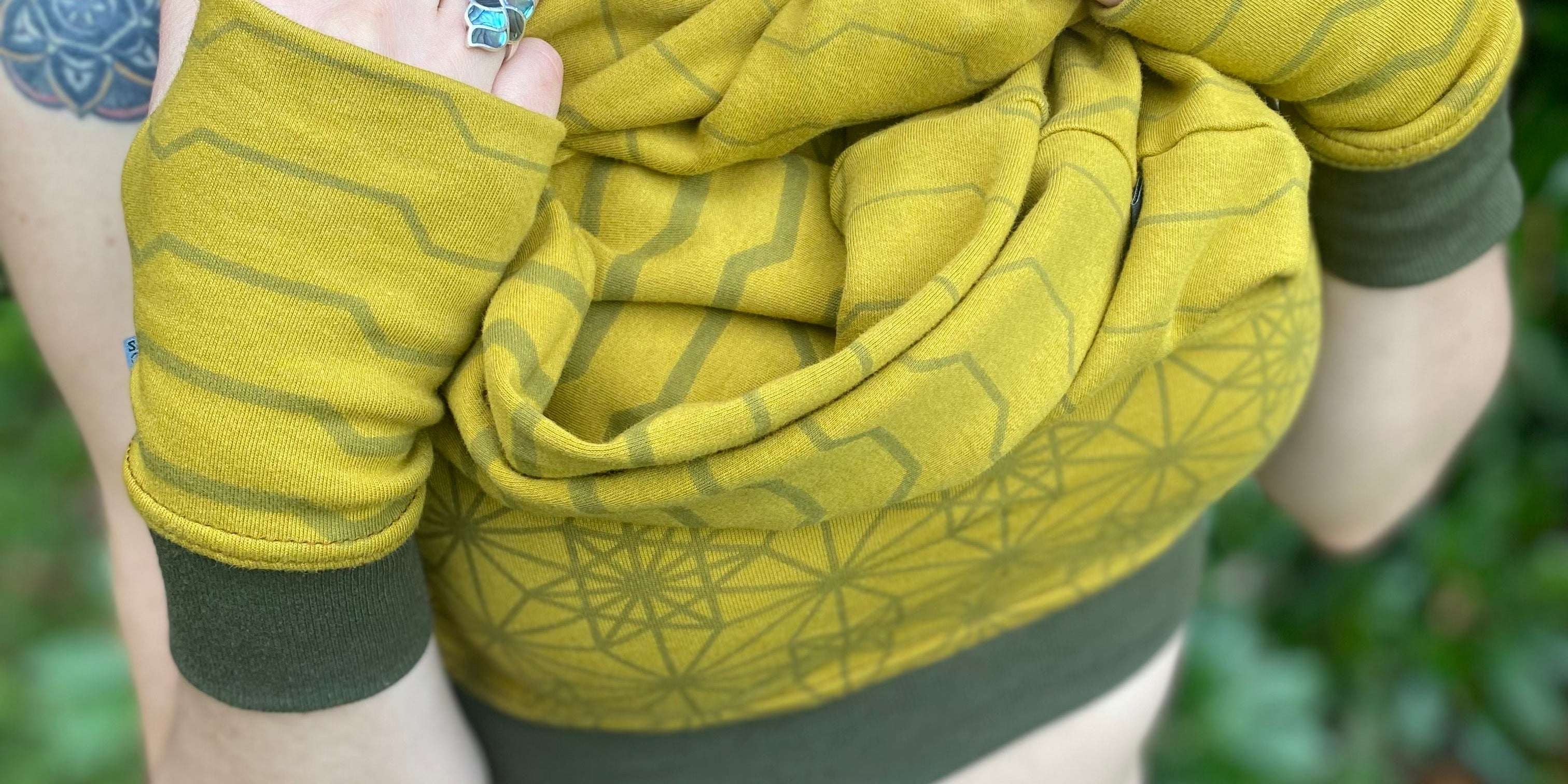 Sacred Geometry clothing printed with water based dyes on organic cotton yellow fabric