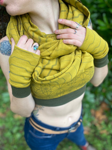 Sacred Geometry clothing printed with water based dyes on organic cotton yellow fabric