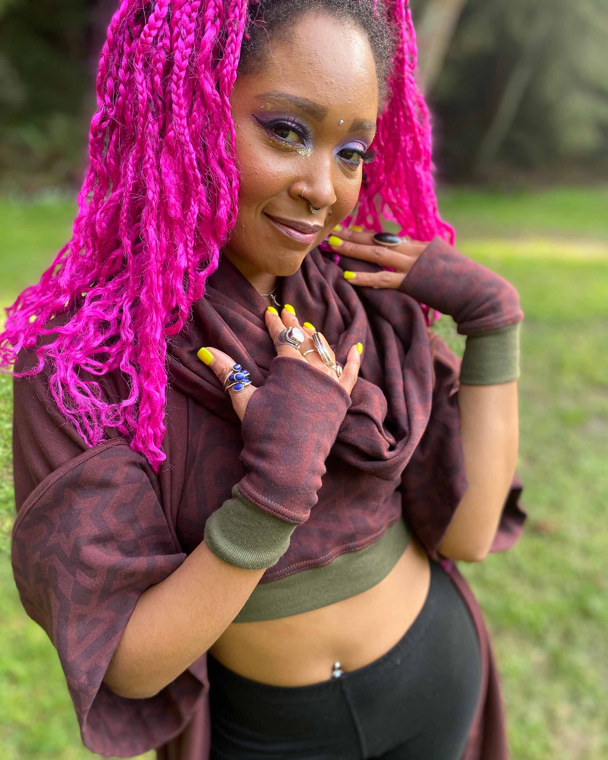 Organic cotton hand warmers, kimono, crop top and scarf in matching reddish brown colored fabric with geometric print.