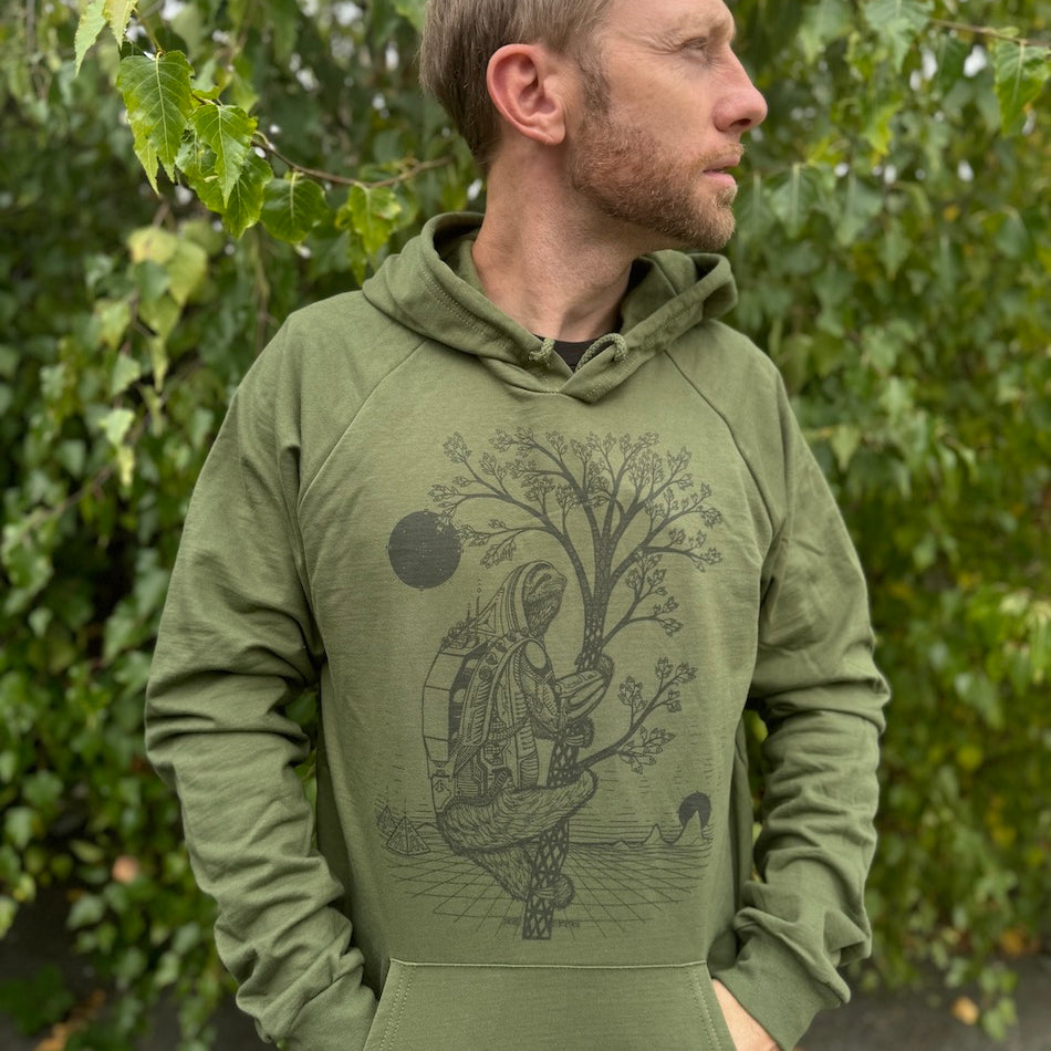 Slothstronaut Hoodie - Organic Cotton Medium Weight Fleece Sci-fi Animal Graphic Pullover