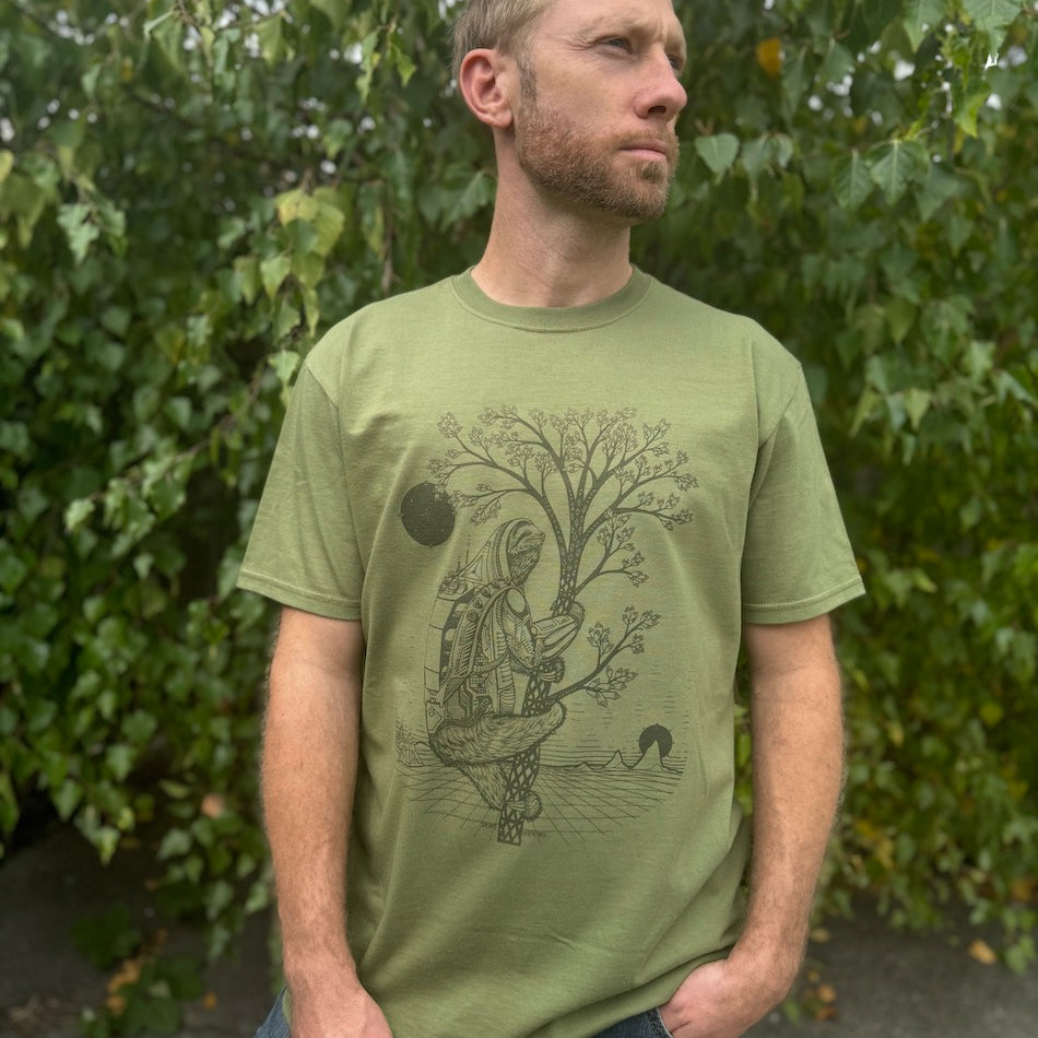 Slothstronaut T-Shirt - Organic Cotton Lightweight Jersey Sci-fi Animal Graphic Crew Neck Shirt