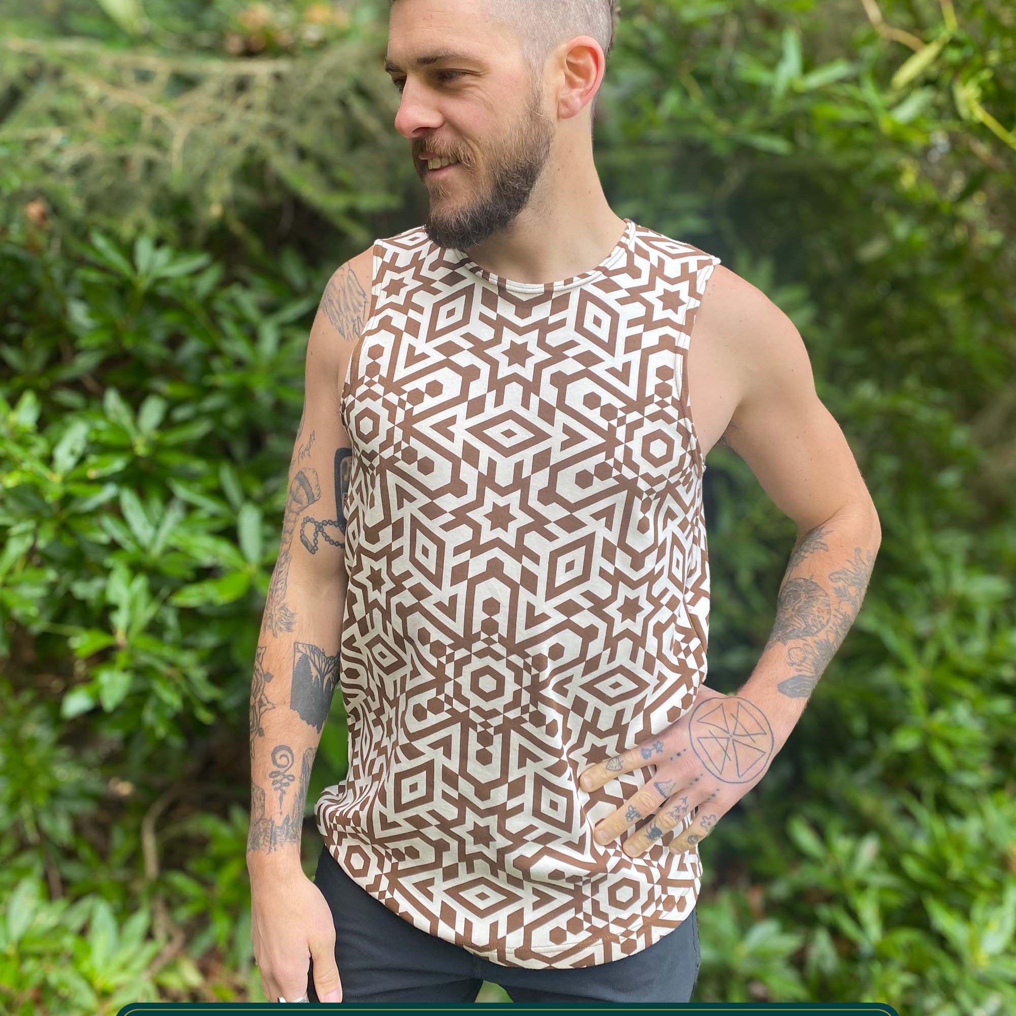 Organic cotton mens tank top, un-dyed fabric with brown geometric print, front view.