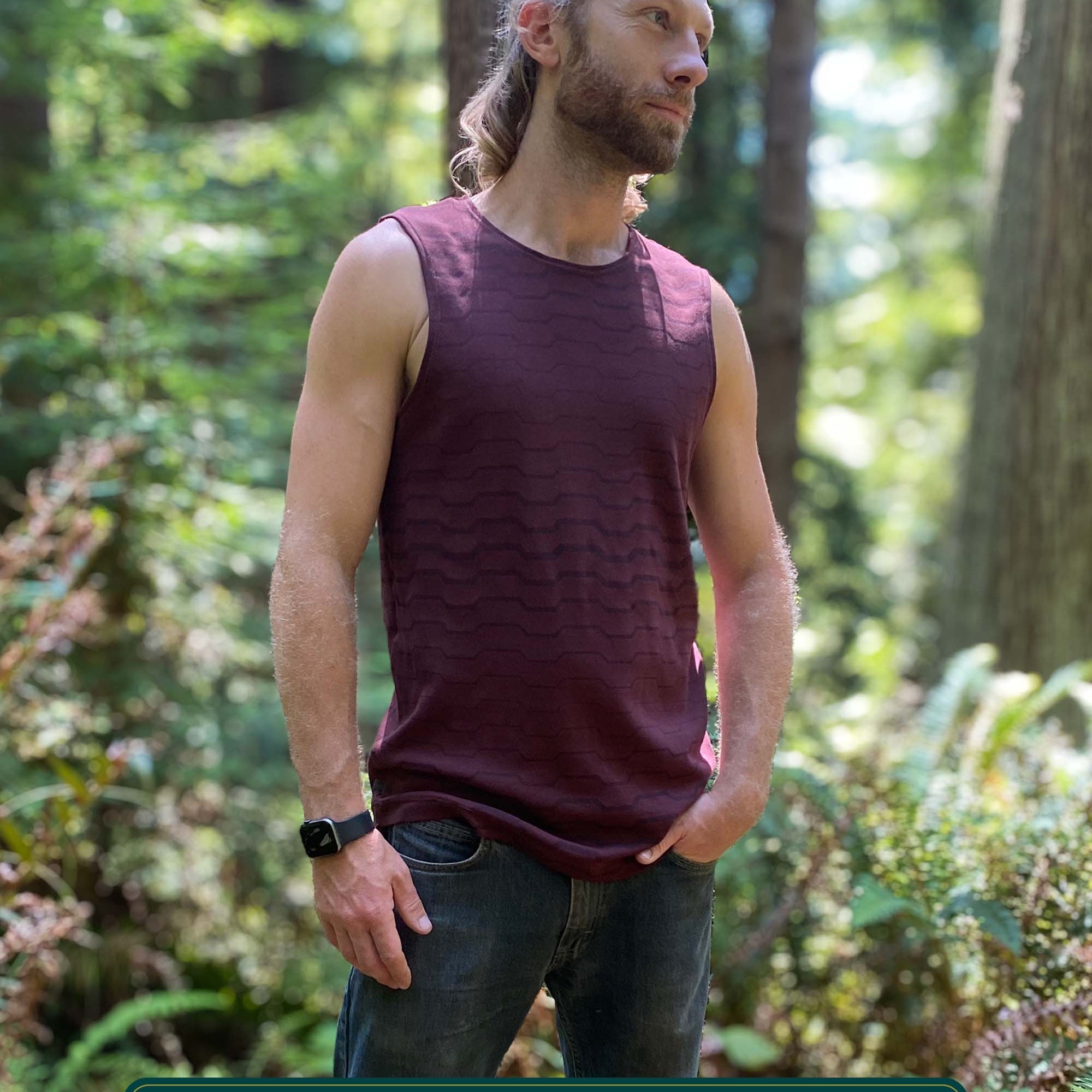 Organic cotton mens tank top, brown fabric with geometric print, left side view.