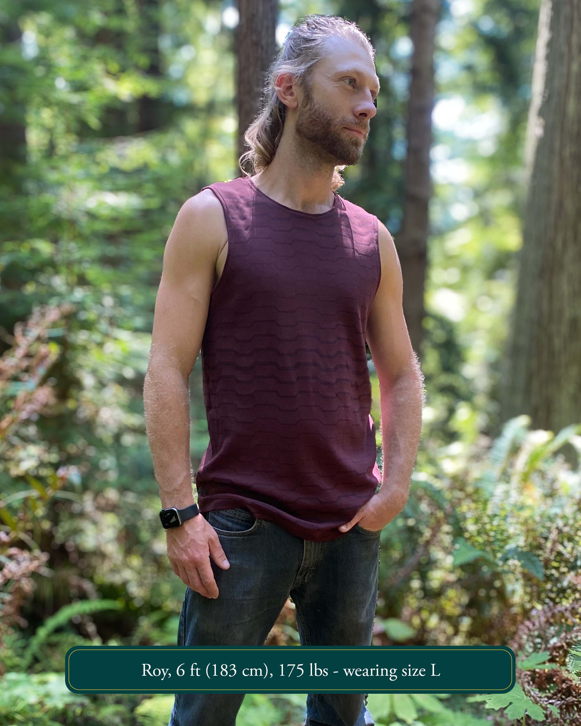Organic cotton mens tank top, brown fabric with geometric print, left side view.