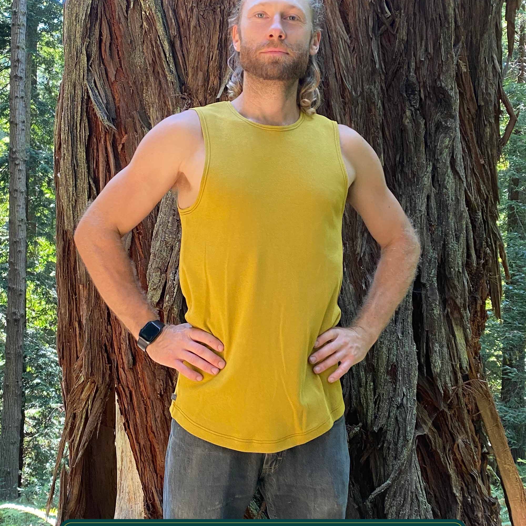 Organic cotton mens tank top, yellow  fabric, front view on model.
