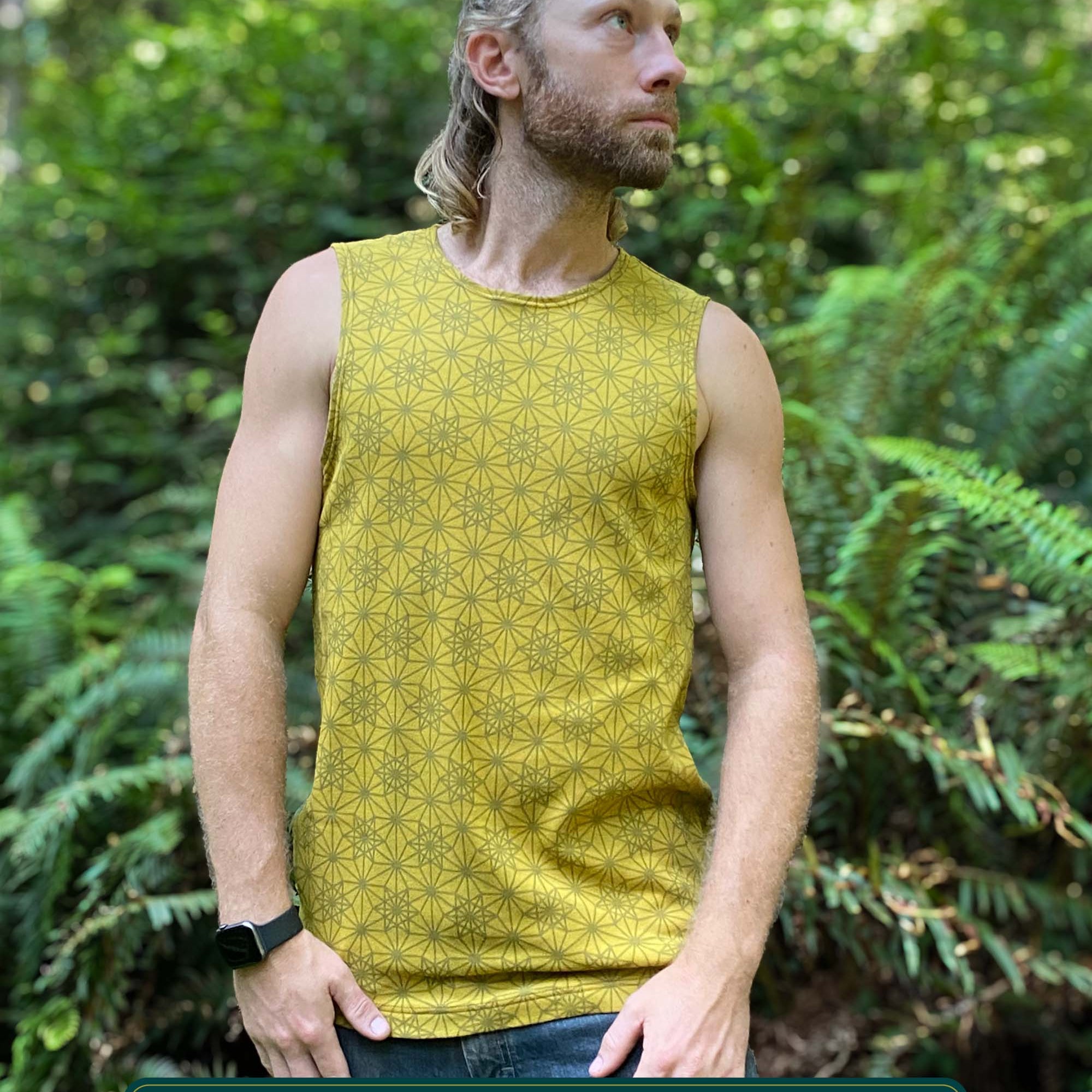 Organic cotton mens tank top, yellow fabric with geometric print, front view.