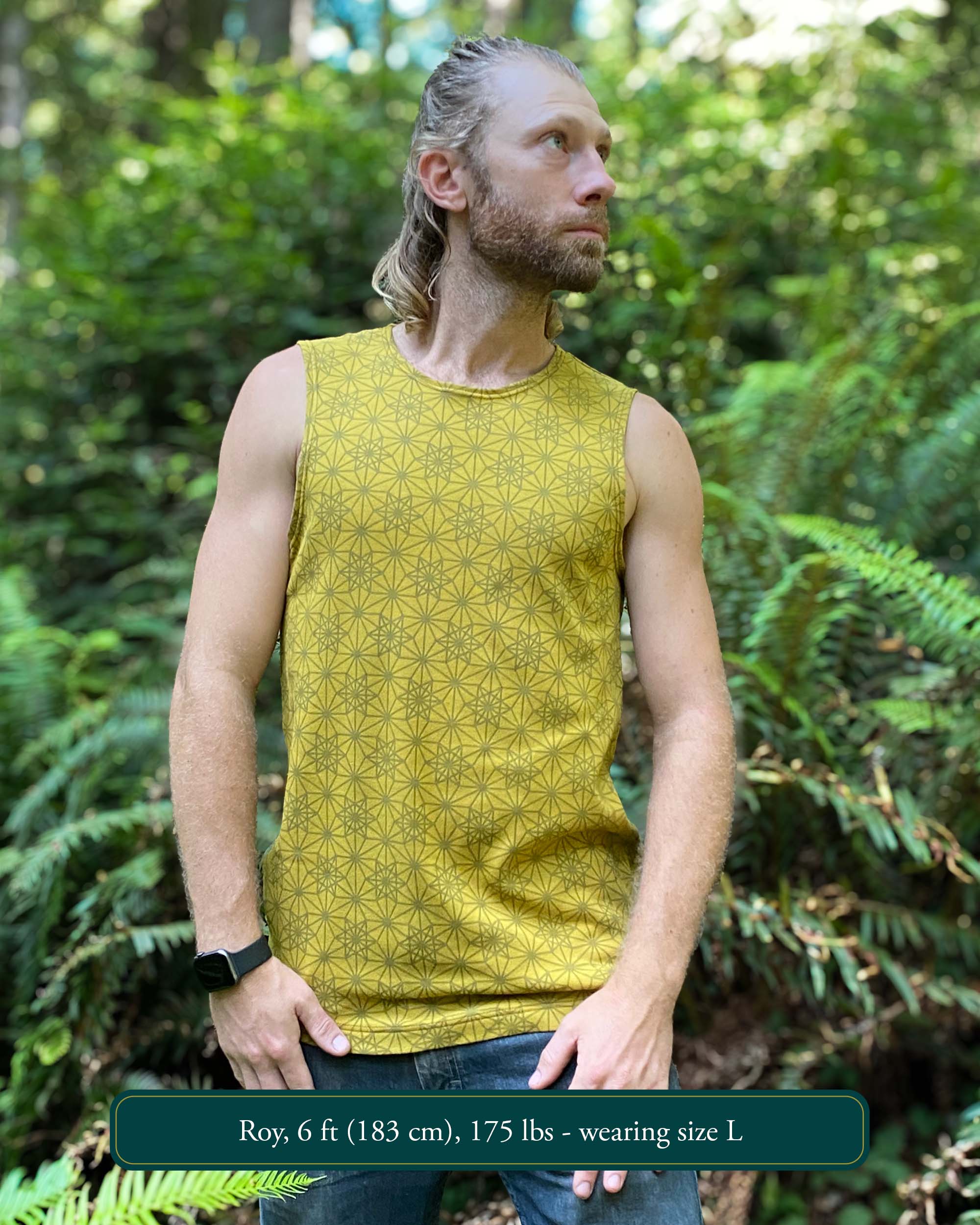 Organic cotton mens tank top, yellow fabric with geometric print, front view.