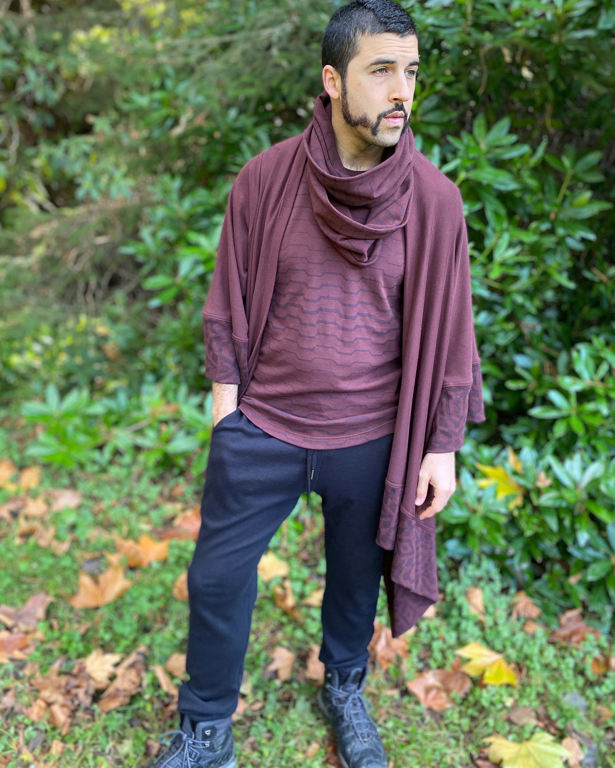 Organic cotton black joggers, brown tank top, kimono and scarf, front view on male model.