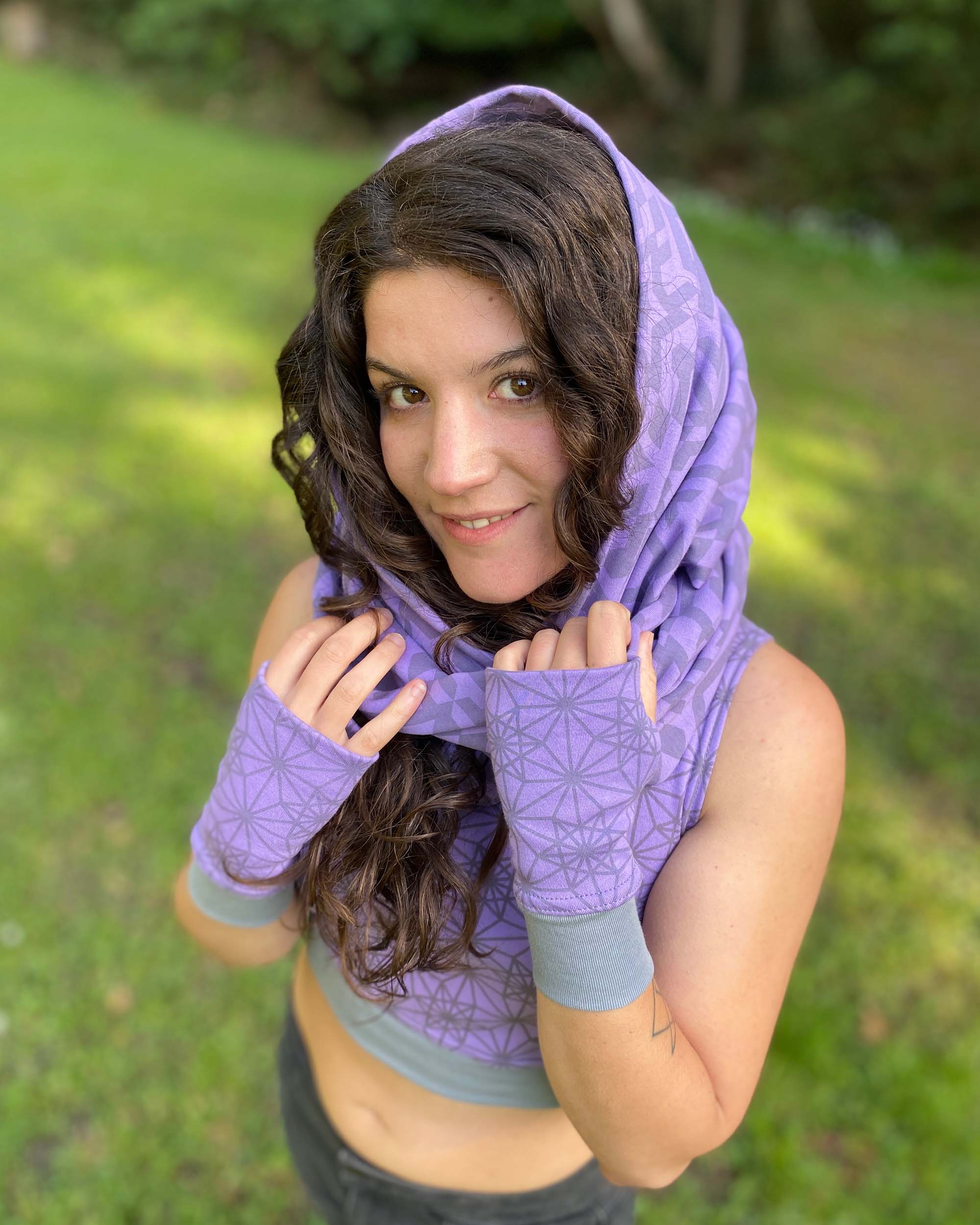 Organic cotton hand warmers and matching scarf and crop top in lavender fabric and geometric print.