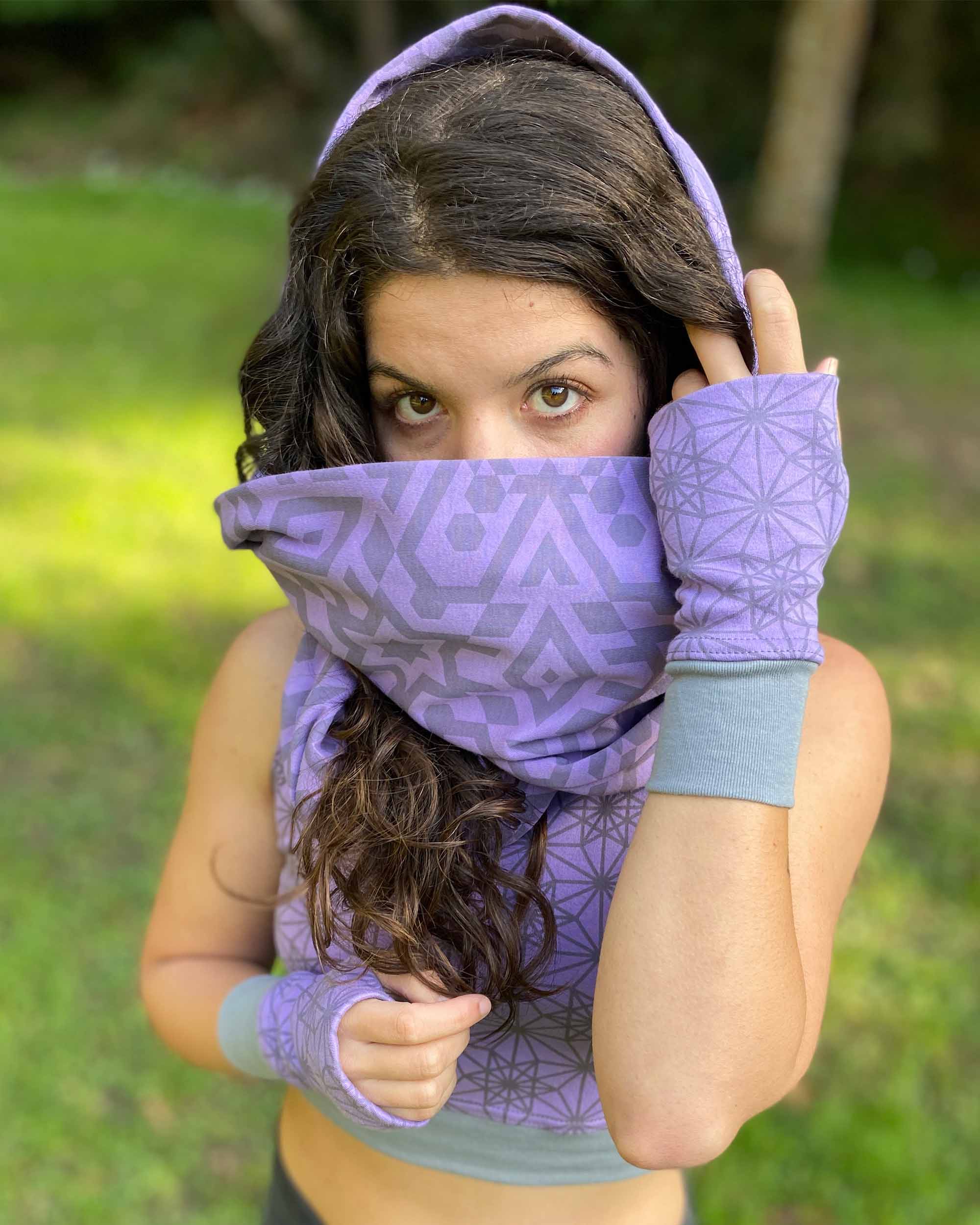 Organic cotton infinity scarf, lavender fabric with geometric print, detail view of fabric.