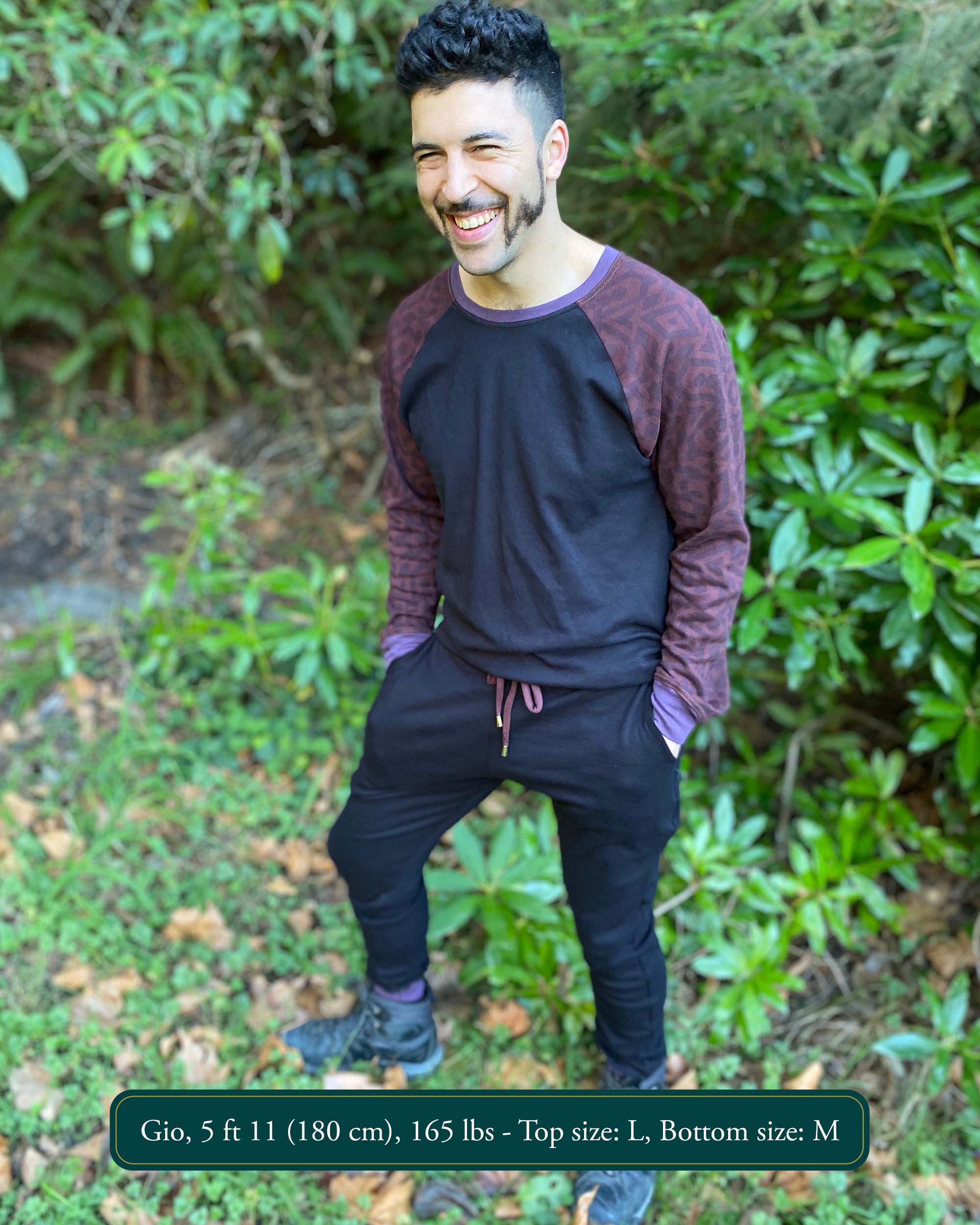 Men's 2 piece matching set, joggers and long sleeve shirt, black with brown accents, front view on model.