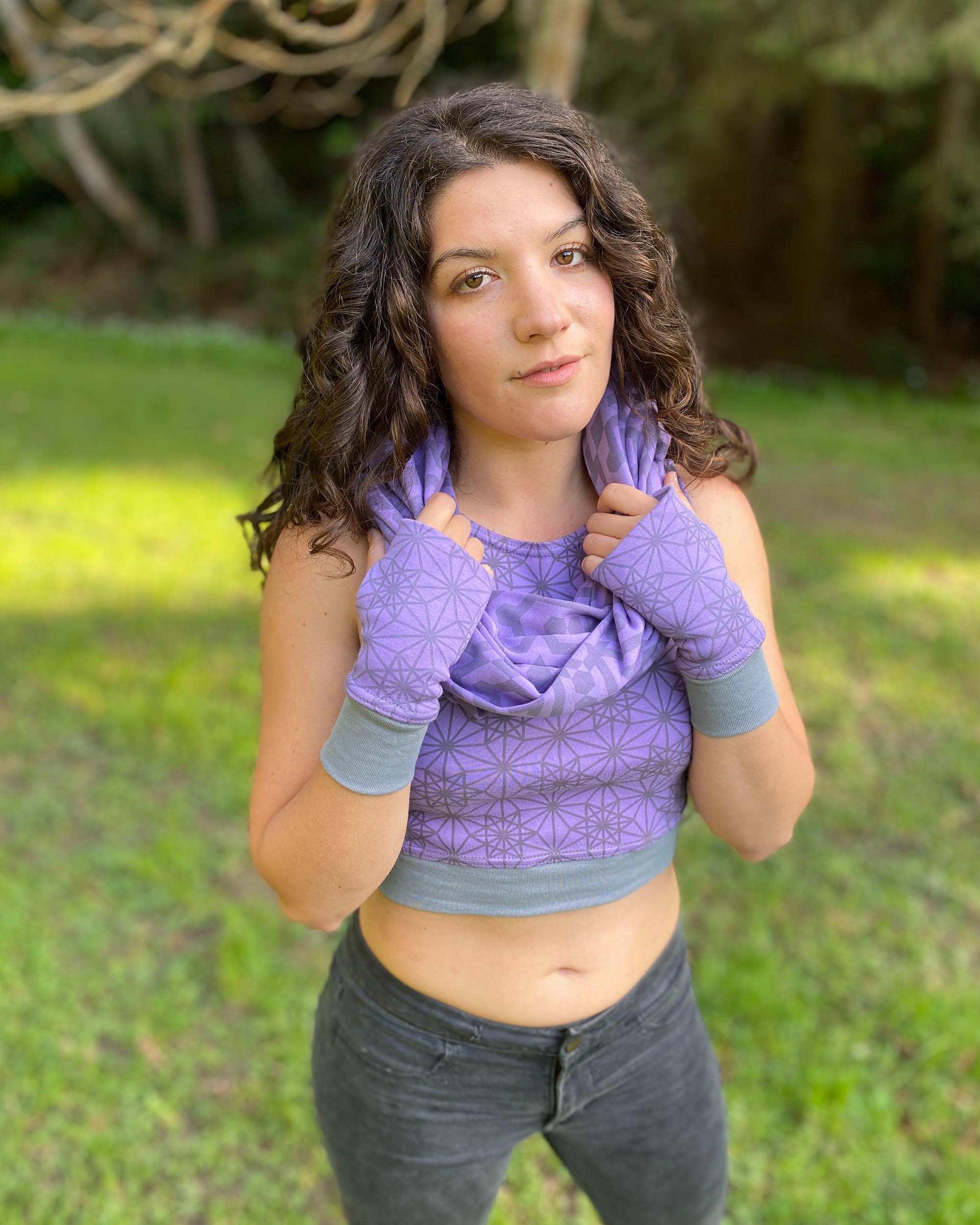Organic cotton crop top, scarf and hand warmers in matching lavender fabric with sacred geometry print.