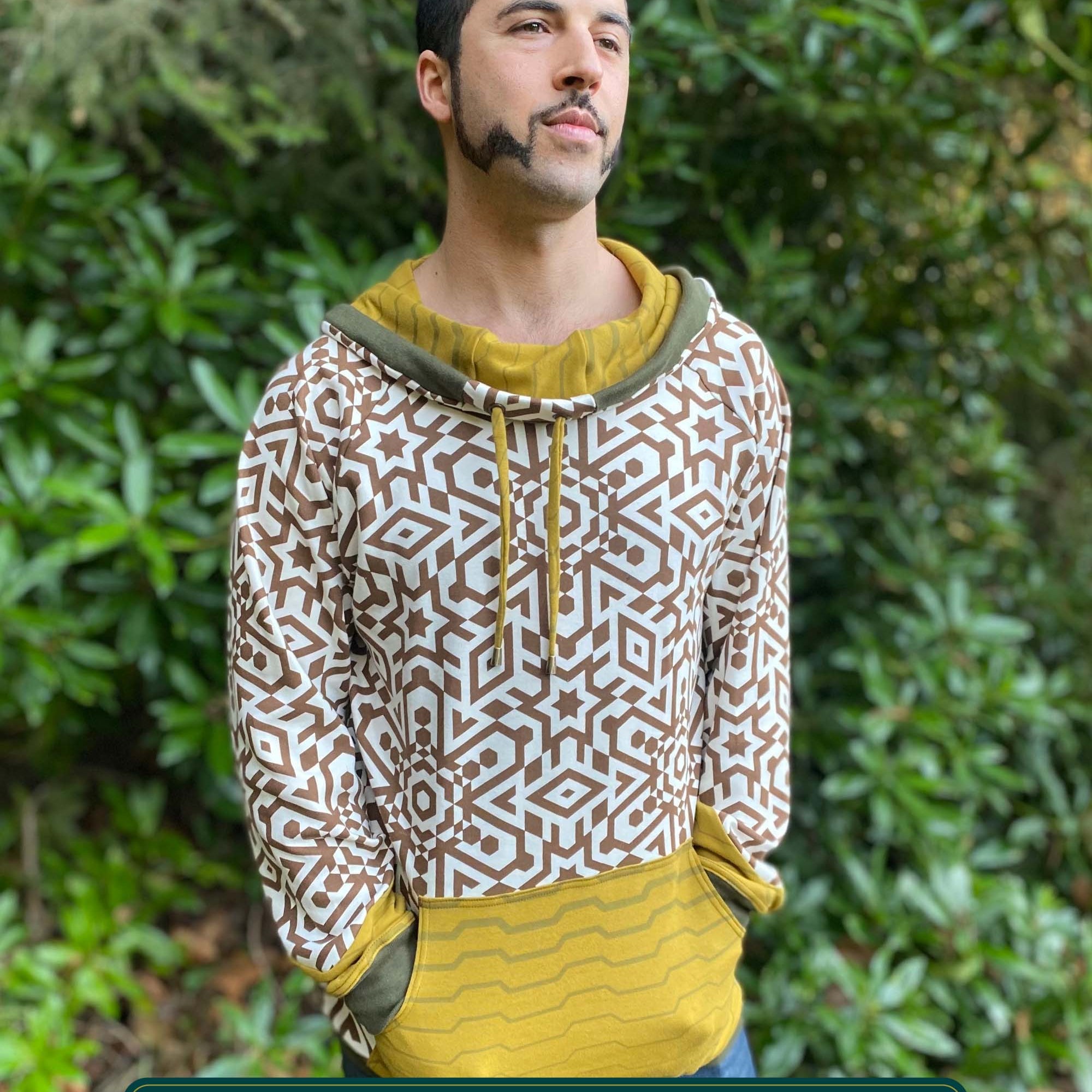 Organic cotton hoodie, un-dyed fabric with brown geo print, front view on male model.