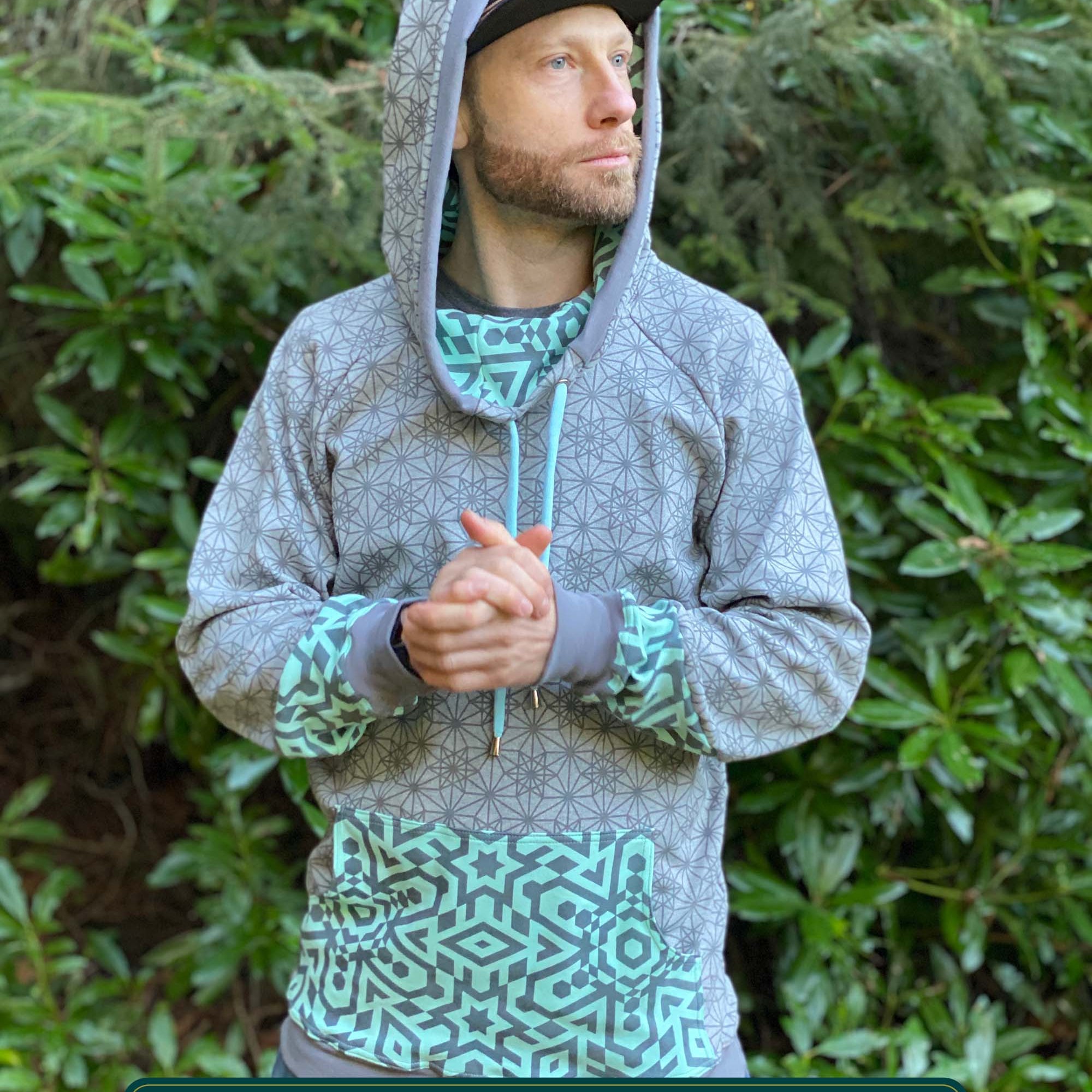 Organic cotton extra long unisex hoodie, grey fabric with sacred geometry print.
