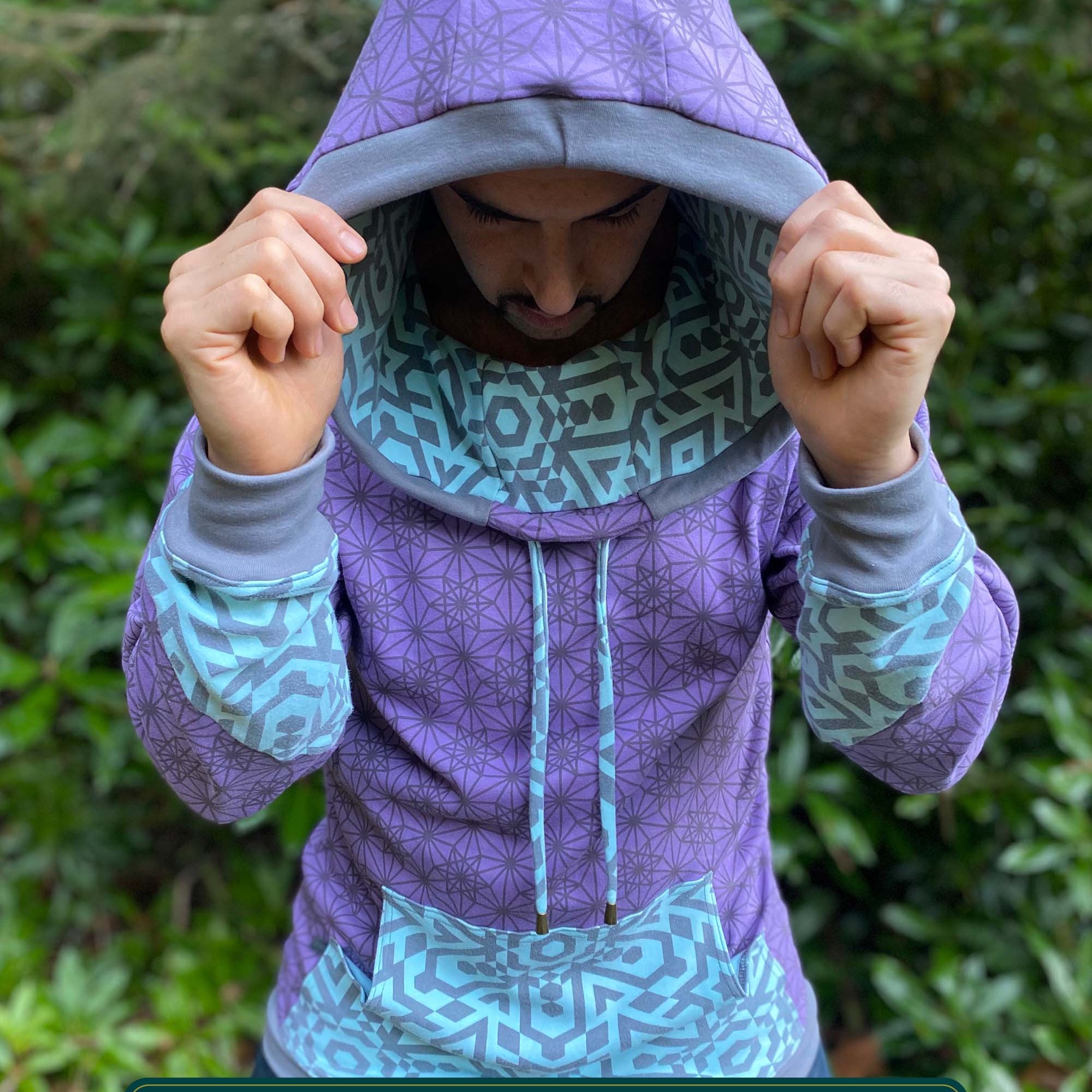 Organic cotton hoodie, lavender and blue fabric accents with sacred geometry screen printed fabric.