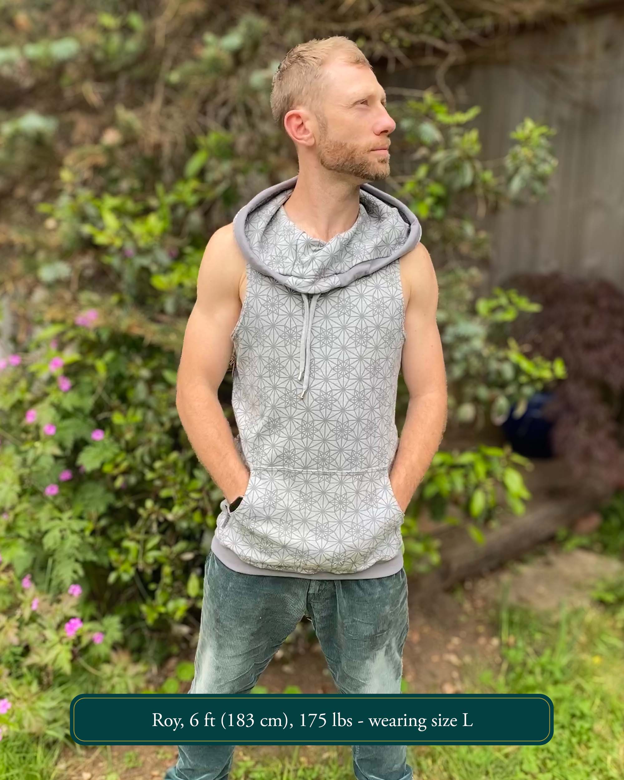 Organic cotton sleeveless hoodie, grey with geometric print, front view on male model.
