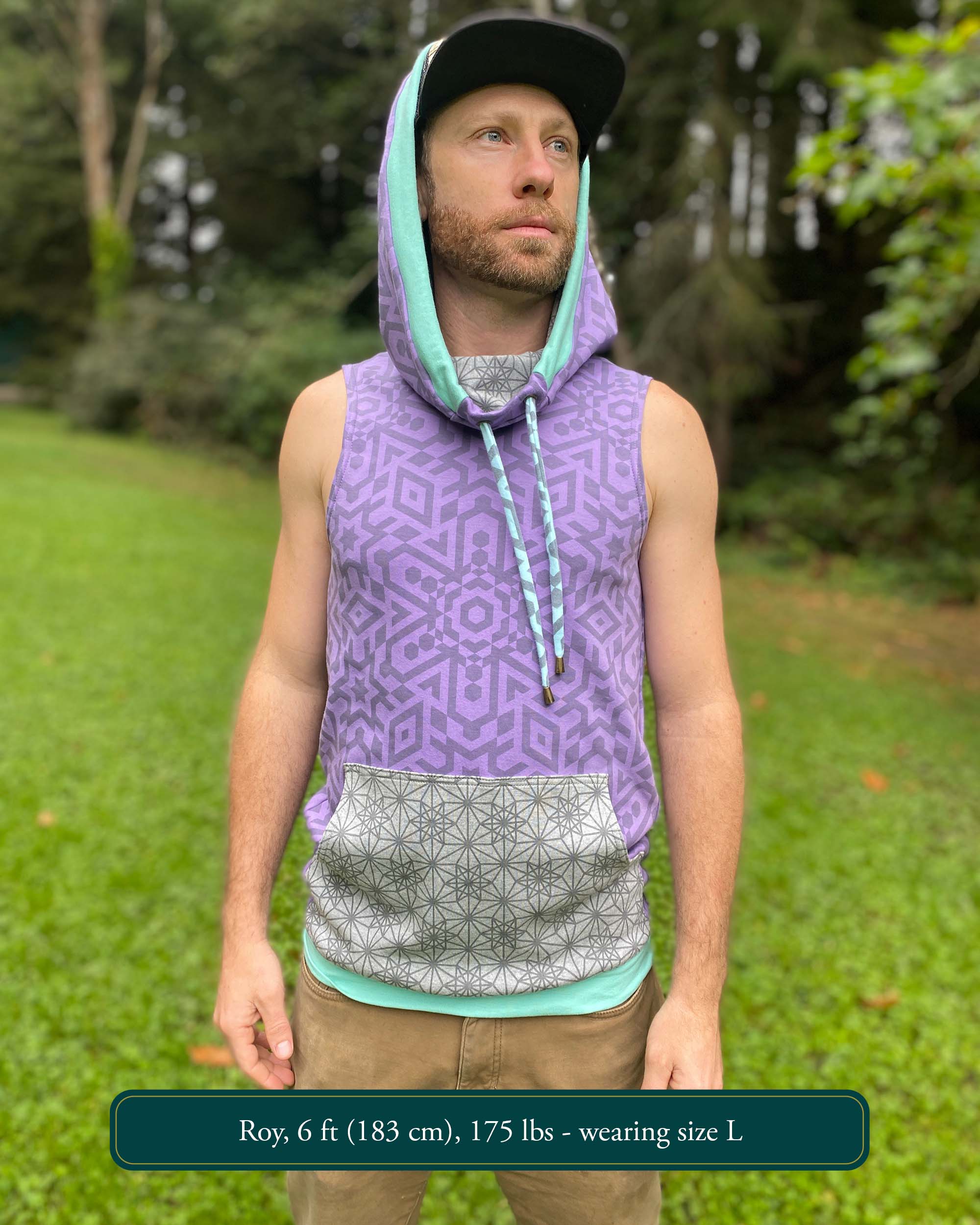 Organic cotton hooded tank top, lavender with geometric print fabric, front view on male model, hood up.
