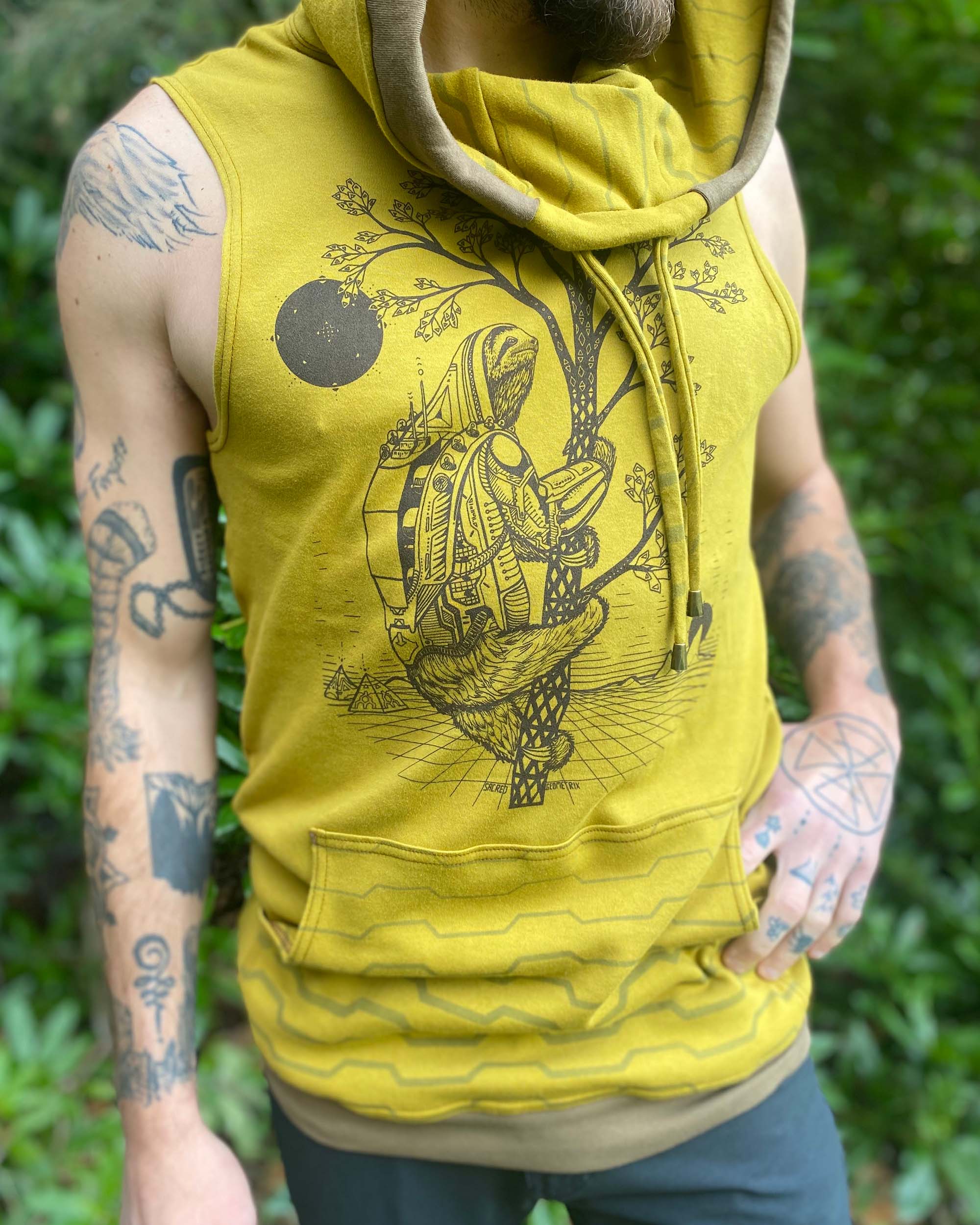 Organic cotton sleeveless hoodie, yellow fabric with sloth print, detail view of screen print.