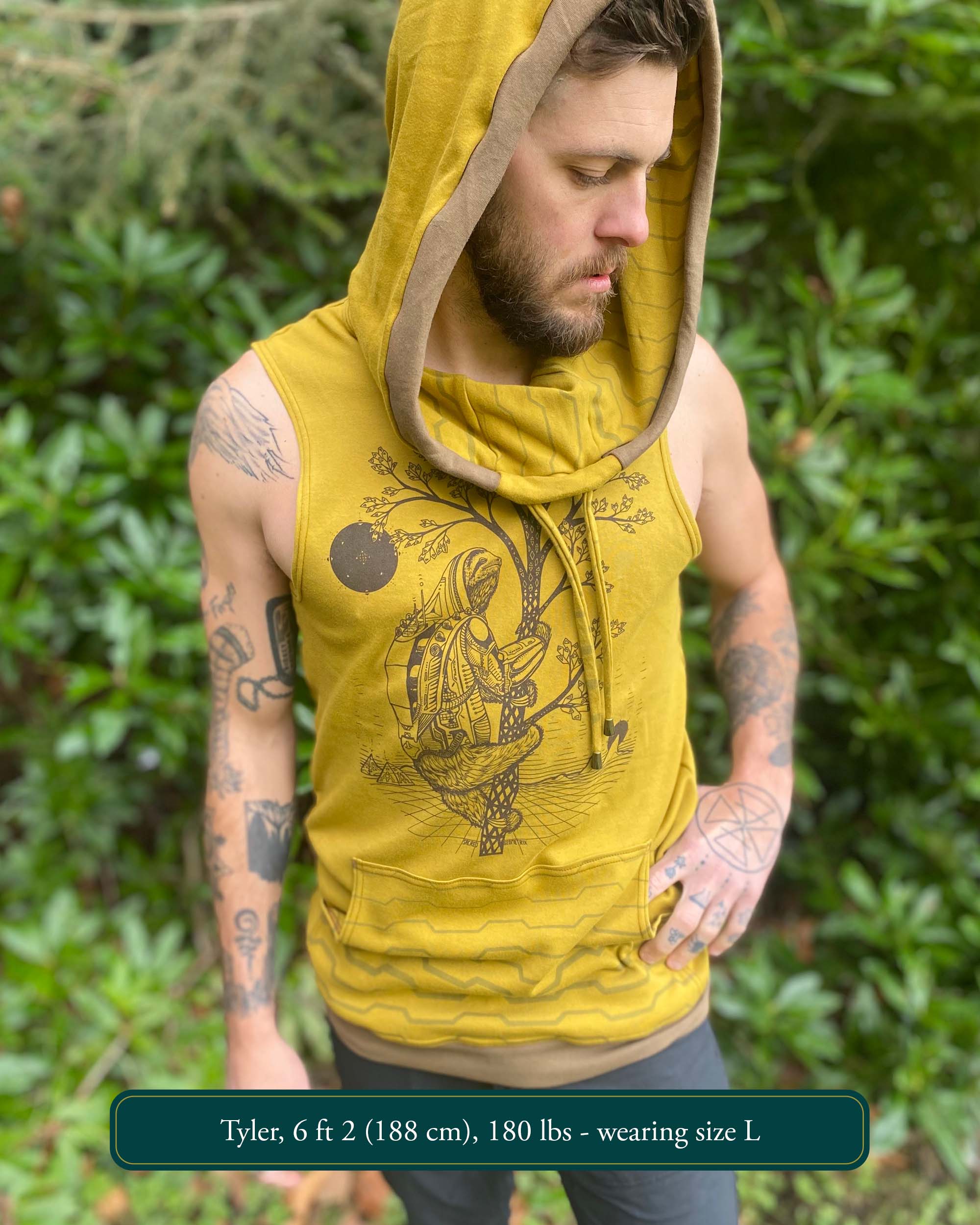 Organic cotton sleeveless hoodie, yellow fabric with sloth artwork print, front view on male model.