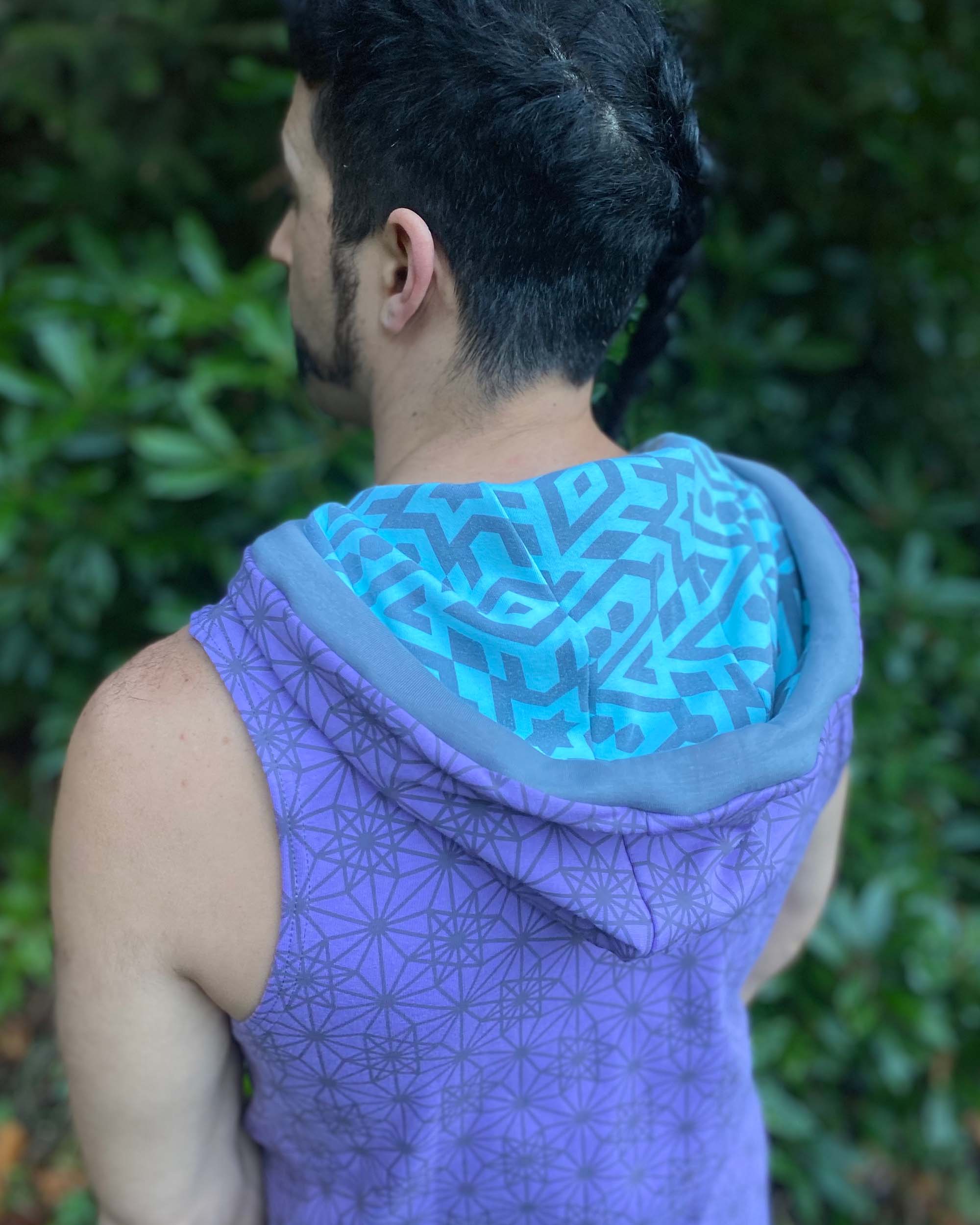 Organic cotton hooded tank top, lavender and mint fabric with geometric print, back side view of hood.