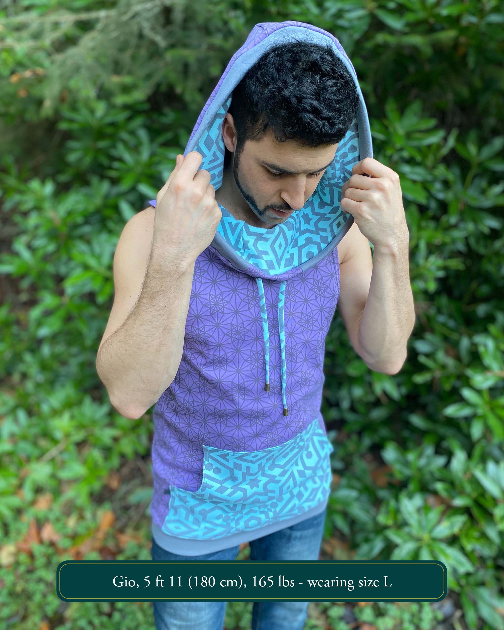 Organic cotton hooded tank top, lavender and mint fabric with geometric print, top view of male model.