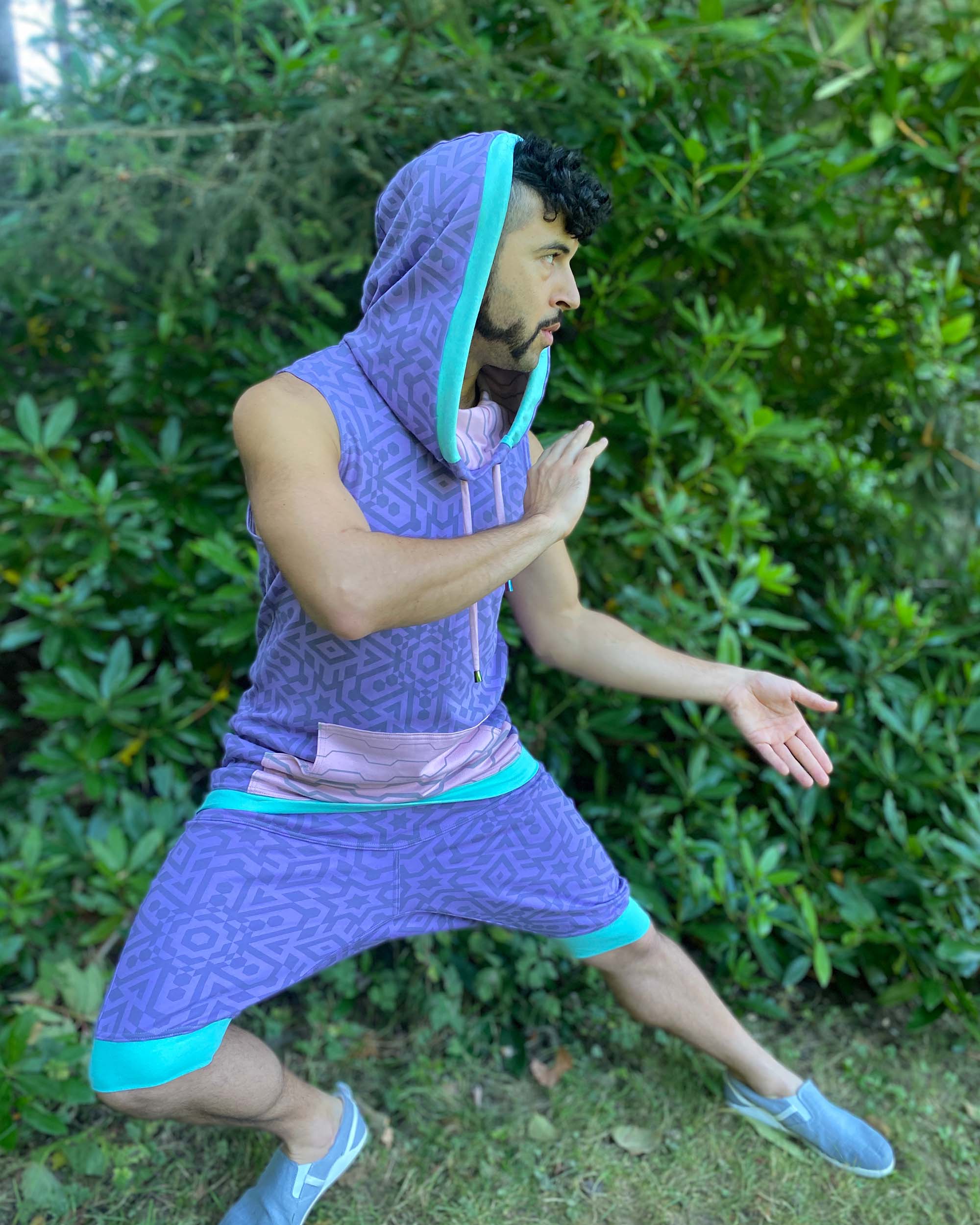 Organic cotton hooded tank top, lavender and pink geometric printed fabric with matching shorts.