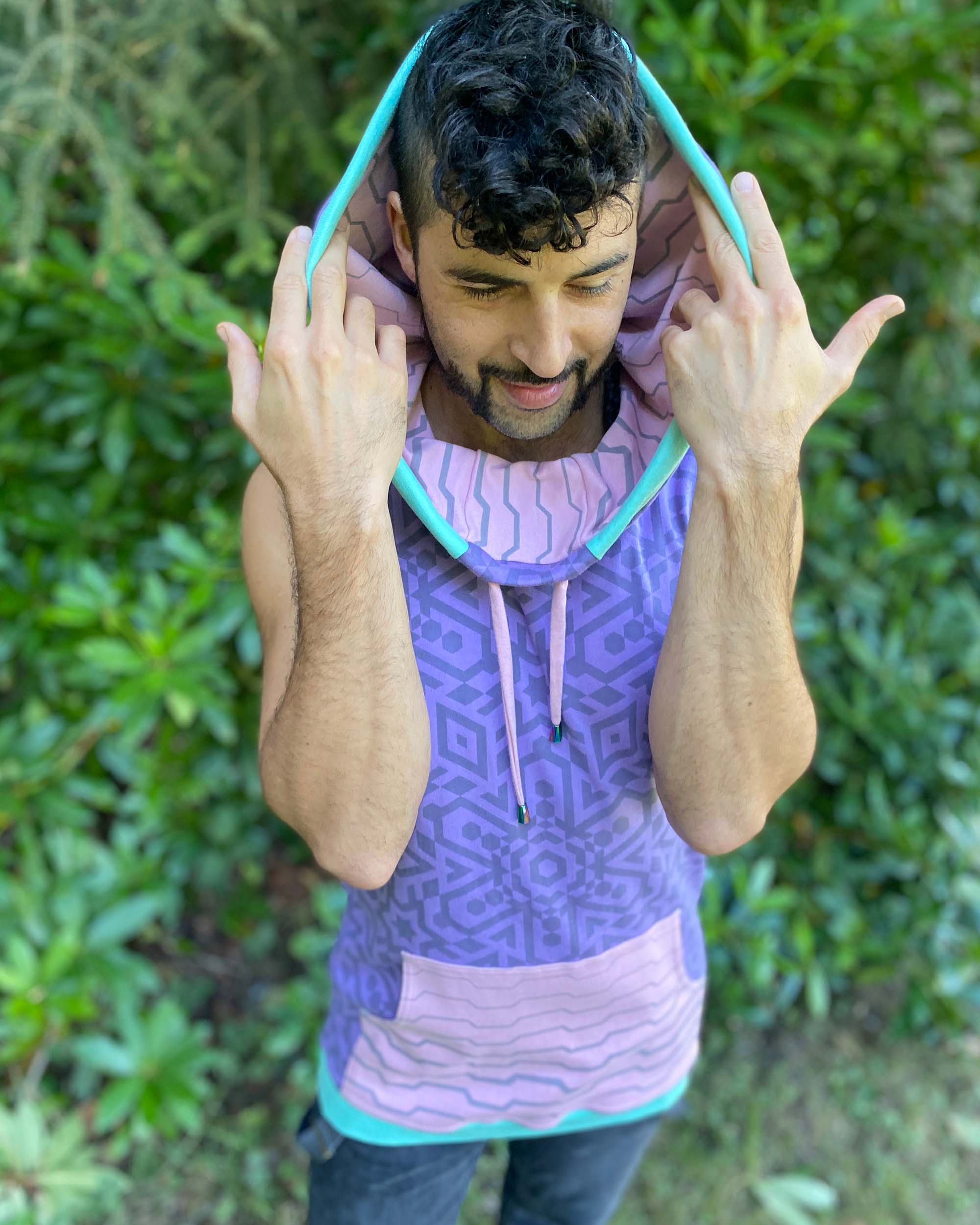 Organic cotton hooded tank top, lavender and pink geometric printed fabric, detail view of hood liner.