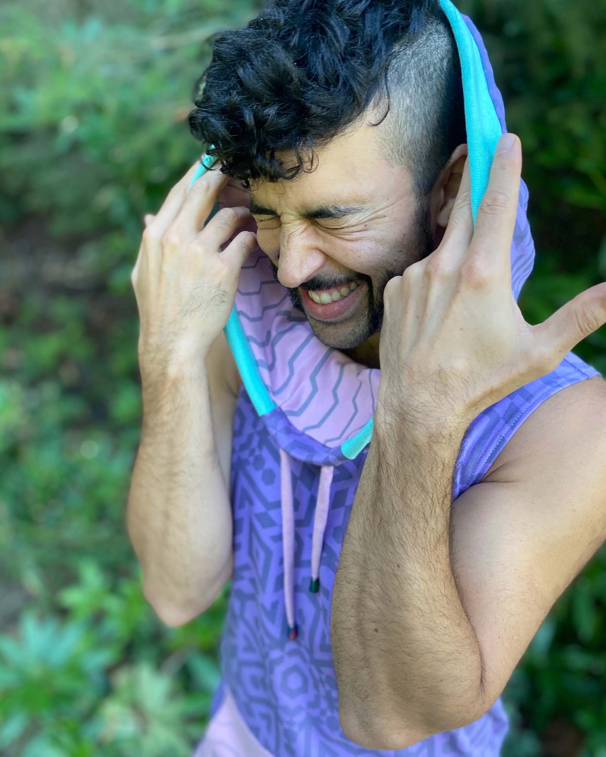 Organic cotton hooded tank top, lavender and pink geometric printed fabric, front detail close up of hood.