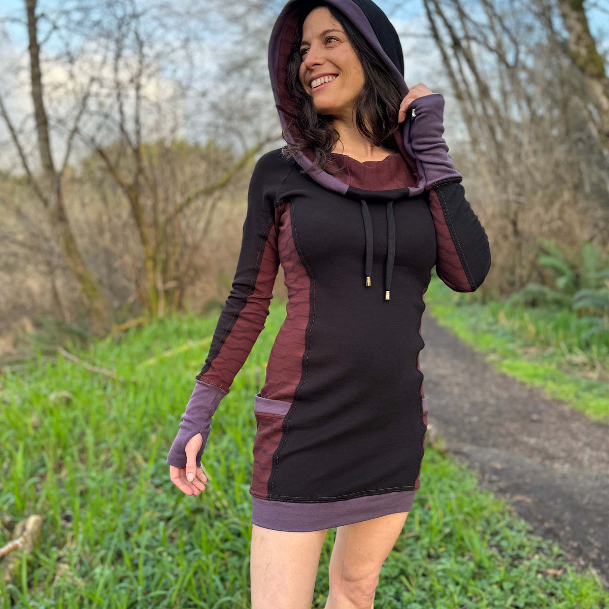 woman winter dress with hood Organic Cotton Long Sleeve Black Mini Cowl and Pockets XL / Organic Cotton Interlock Jersey Gradient Ombre Maxi Dress Featuring a distinctive shawl __bundle:jewel-neck-sheath-dress Color:IVORY GOLD