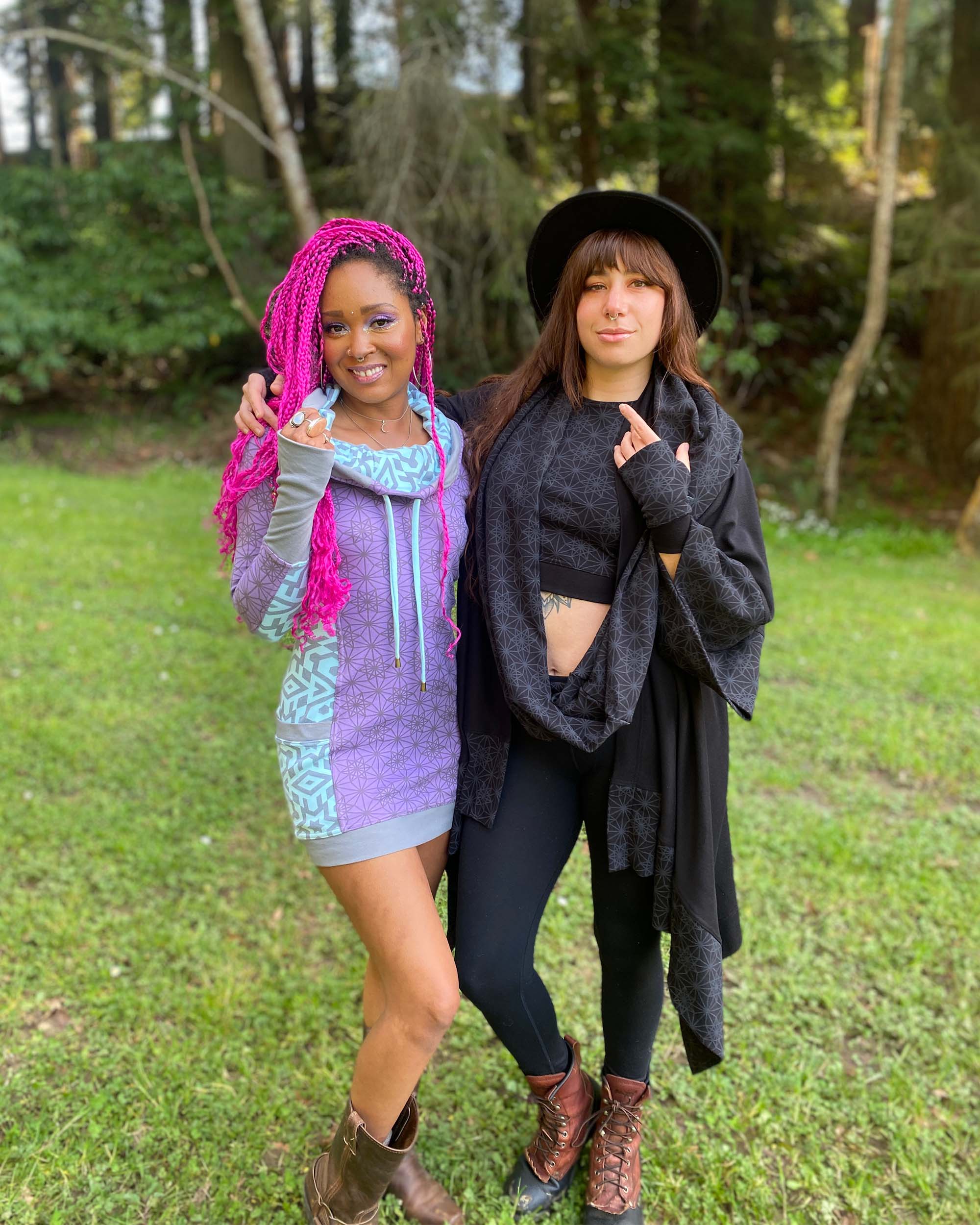 Two female models in organic cotton clothing garments by Sacred Geometrix.