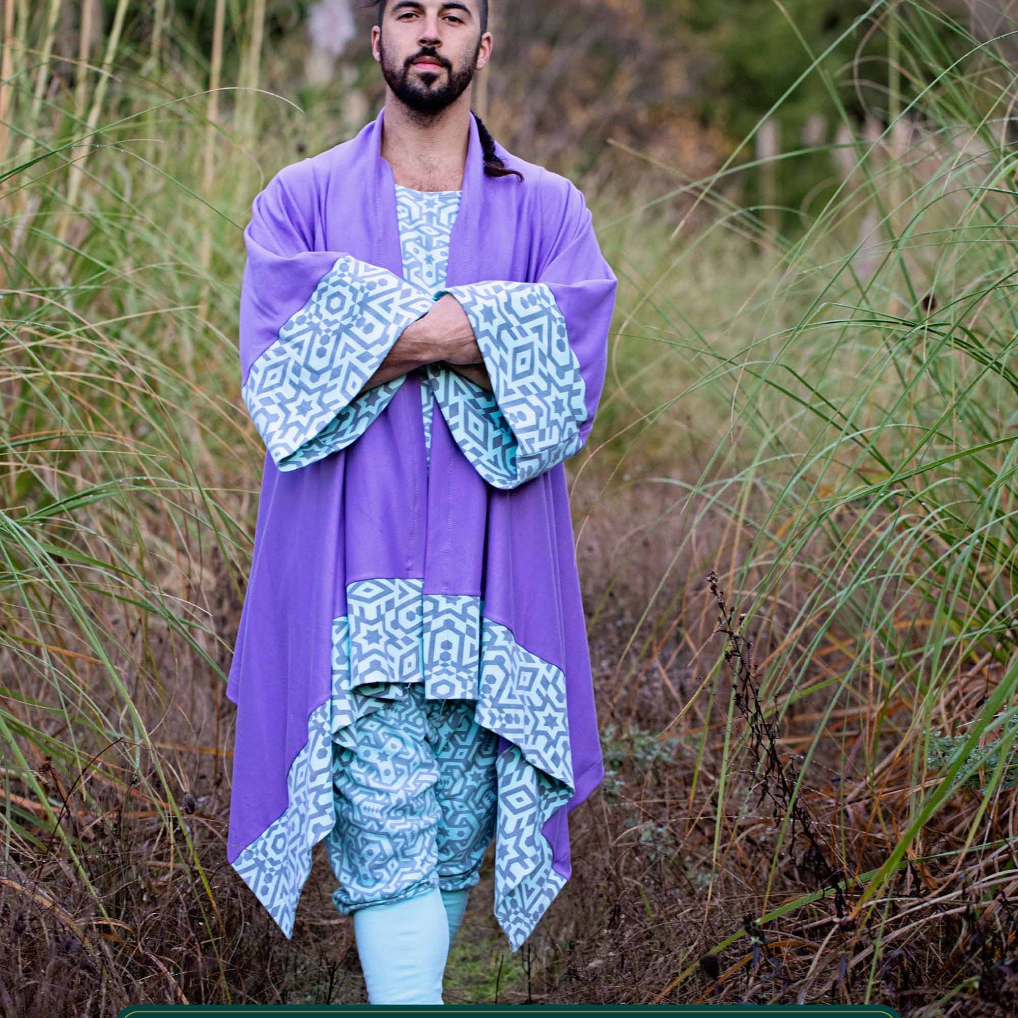 Organic cotton lavender kimono with geometric printed mint fabric accents, front view on male model.
