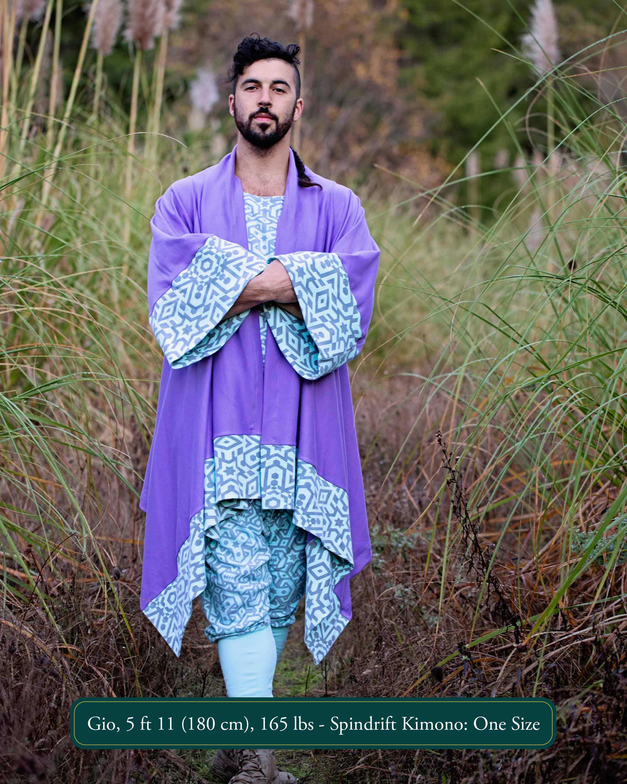 Organic cotton lavender kimono with geometric printed mint fabric accents, front view on male model.