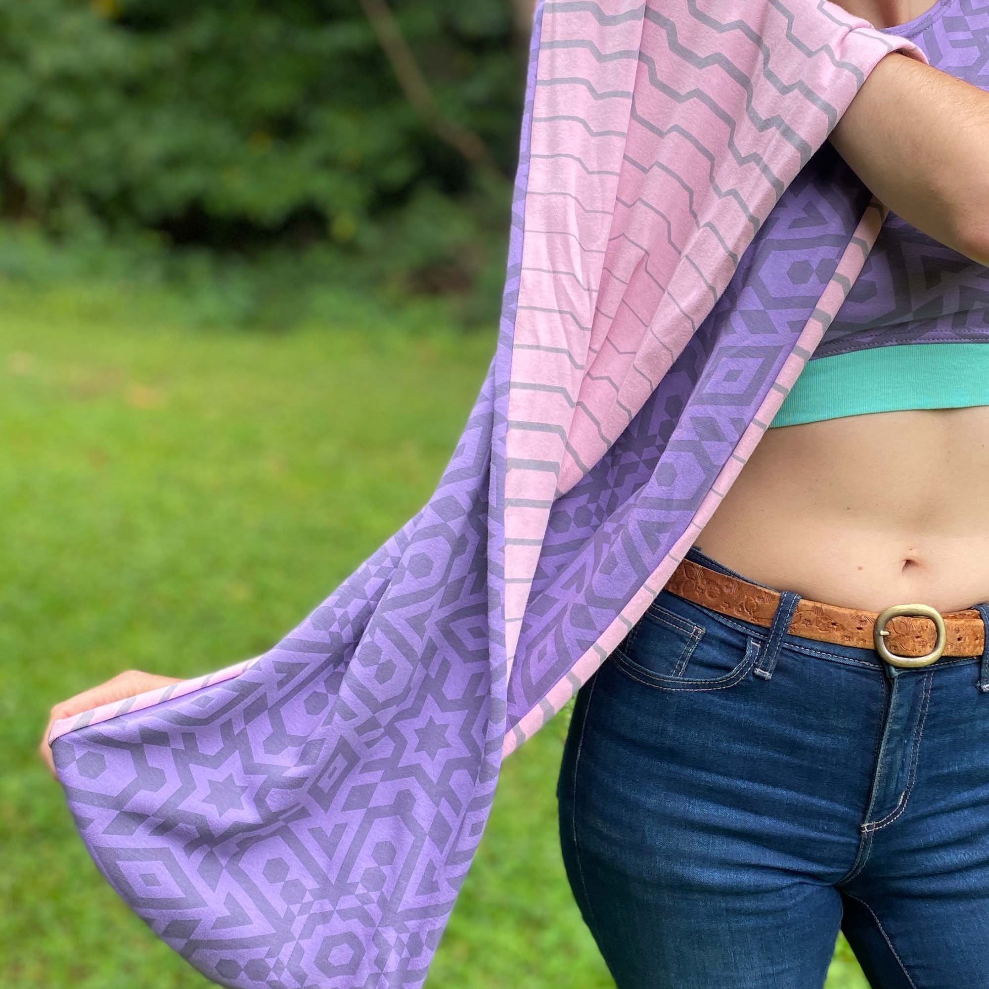 Lavender and pink organic cotton two tone infinity scarf with geometric prints.