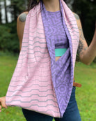 Lavender and pink organic cotton two tone infinity scarf with geometric printed fabric, detail view of print.