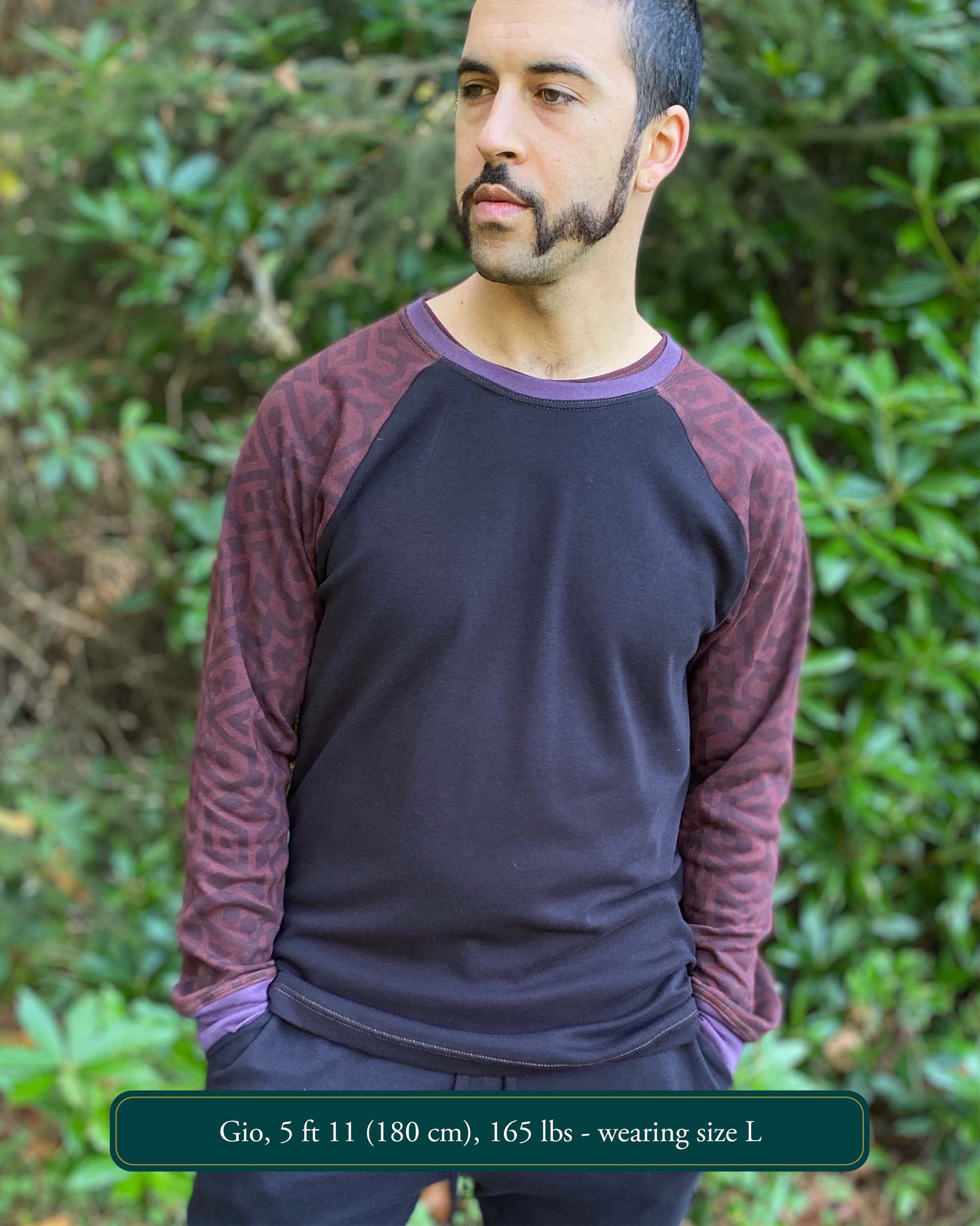 Organic cotton long sleeve shirt, black with brown geometric accent fabric, front view on male model.