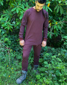 Organic cotton long sleeve shirt, brown with geometric print, front view on male  model.