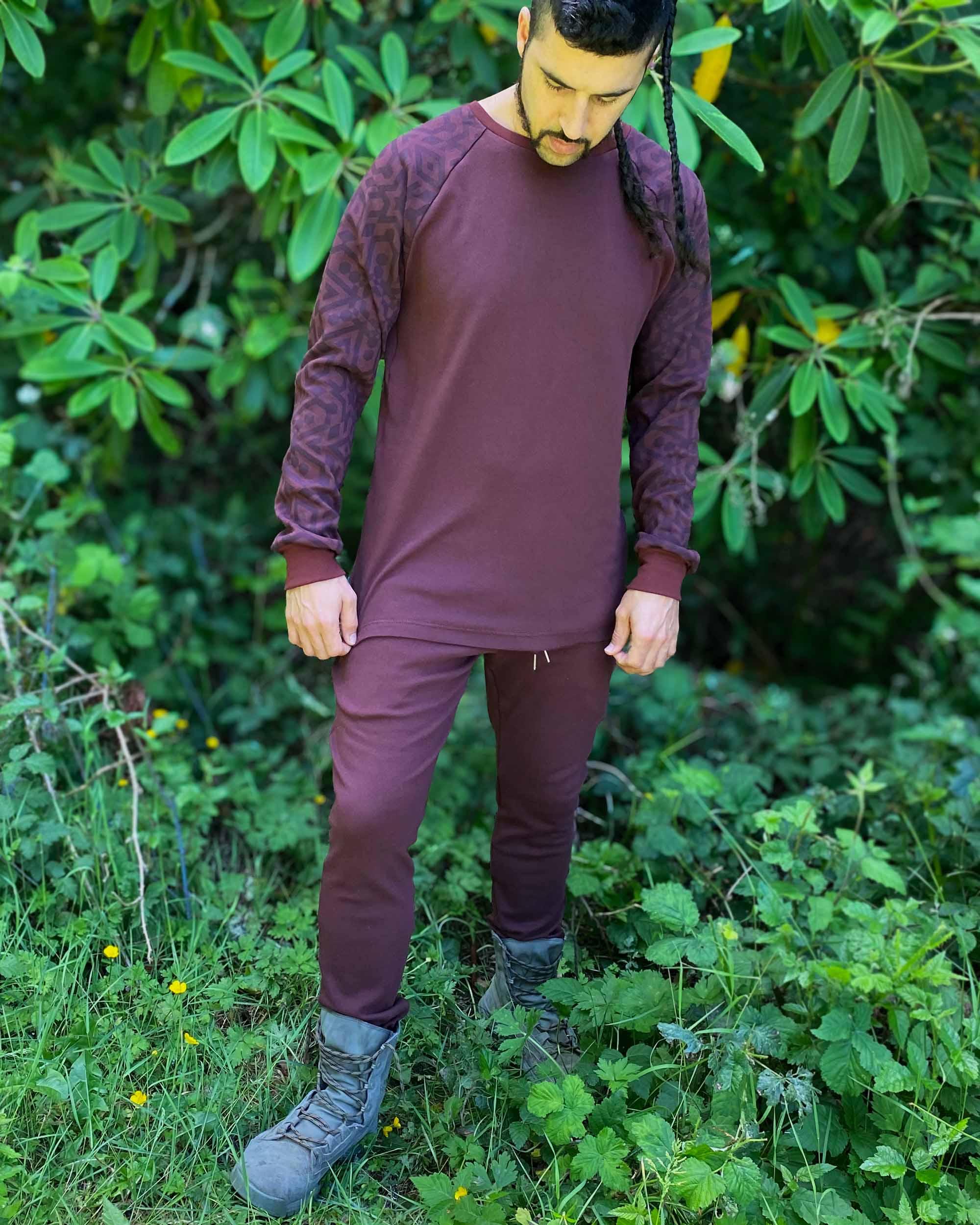 Organic cotton long sleeve shirt, brown with geometric print, front view on male  model.