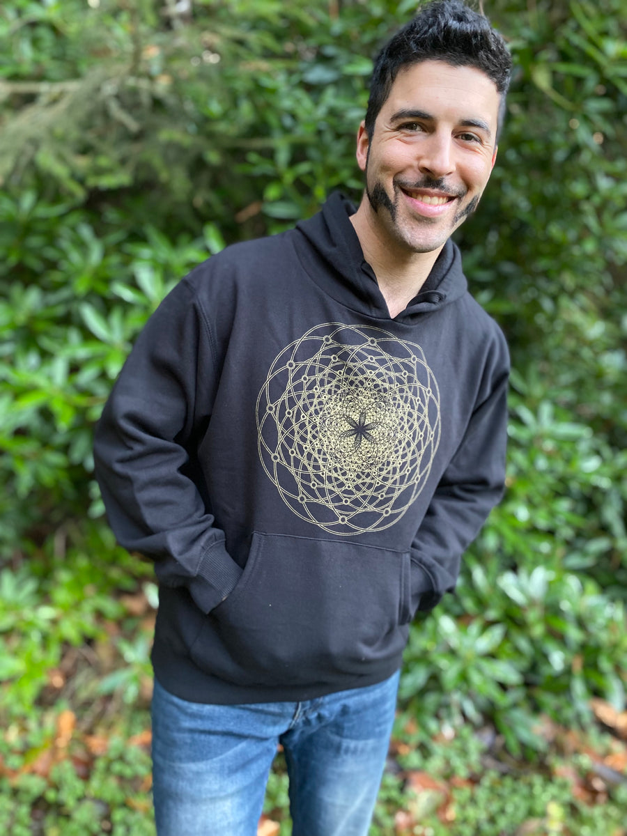 Lotus Hoodie - Organic Cotton/ Polyester Sacred Geometry Unisex Jersey Pull  Over Hoodie - Purple w/ Gold 'Lotus' Prints