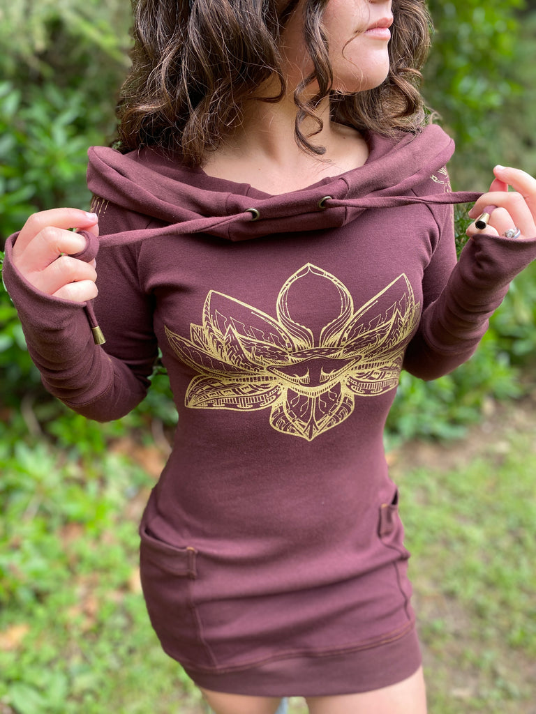 Women's long sleeve hoodie dress with pockets. Gold lotus flower. Deep hood with drawstrings. Festival wear made in the USA.