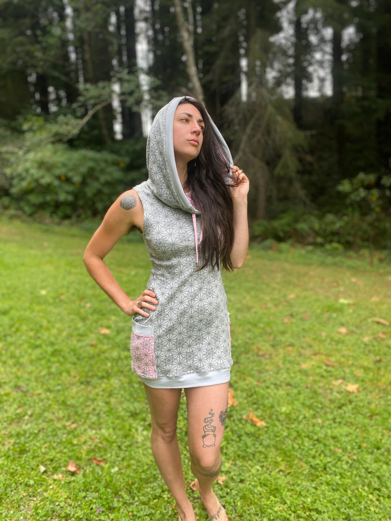 Sleeveless grey and pink hoodie dress with pockets. Sacred geometry print. Dance wear made in the USA from organic cotton.