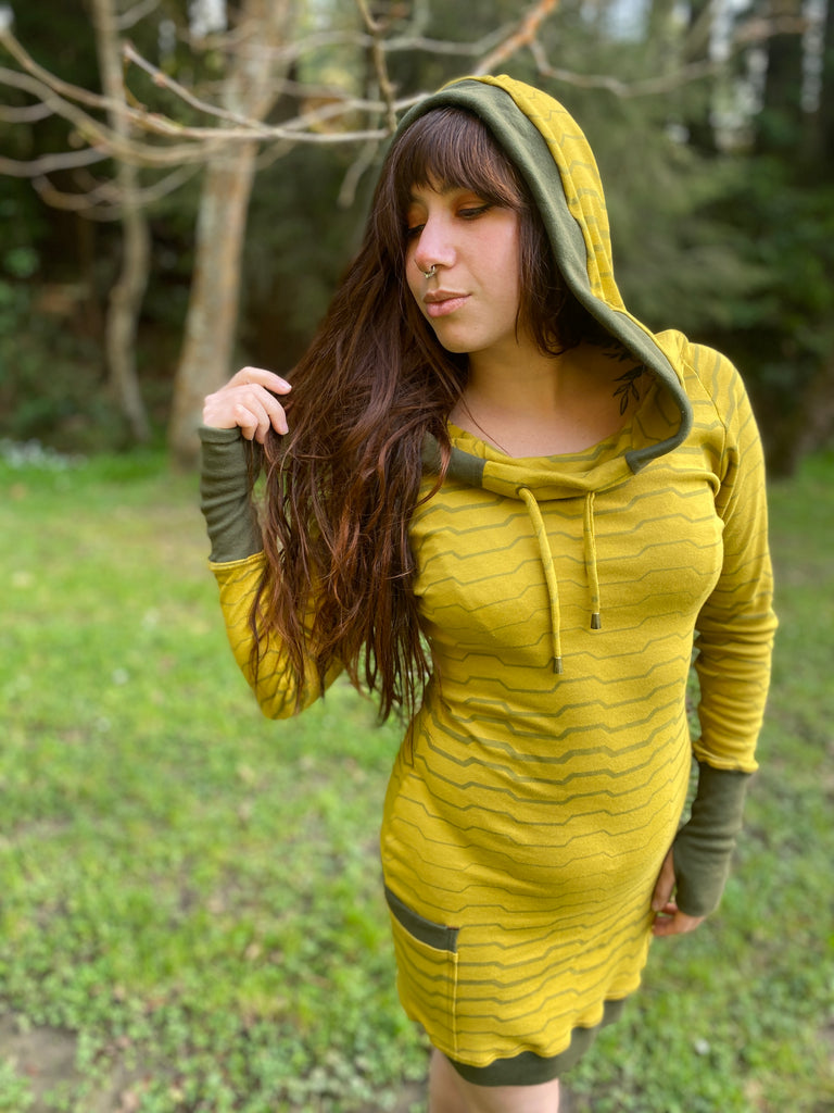 Women's pullover hoodie dress with side pockets. Sacred geometry design. Organic cotton festival clothing made in the USA.